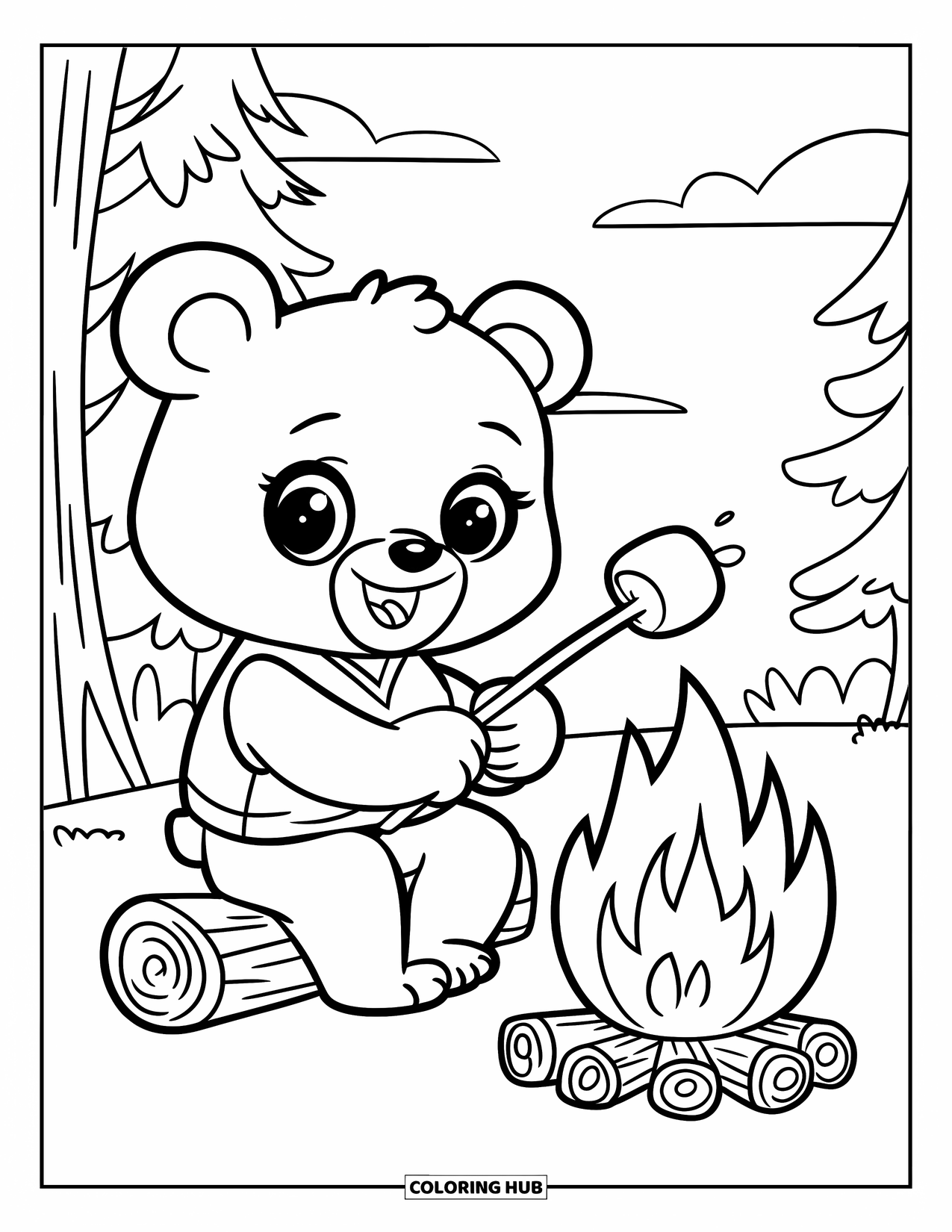 Desenho de Acampamento para Crianças: Um urso com um graveto e marshmallow aproveita uma noite aconchegante perto do fogo