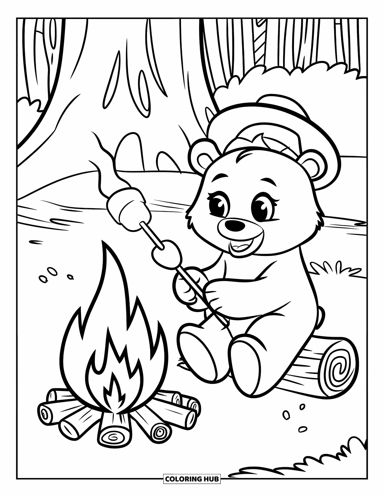 Desenho de Acampamento para Crianças: Um urso com olhos grandes e um colete tosta um marshmallow perto de um fogo brilhante