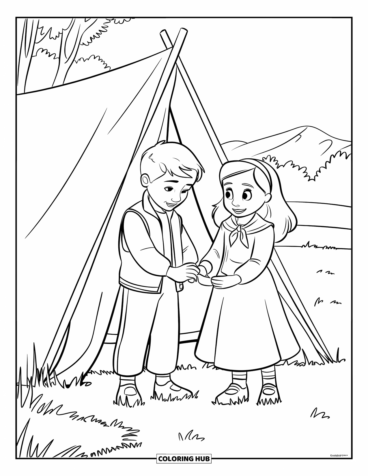 Desenho de Acampamento para Crianças: Um menino e uma menina montando uma barraca juntos em um campo gramado com árvores