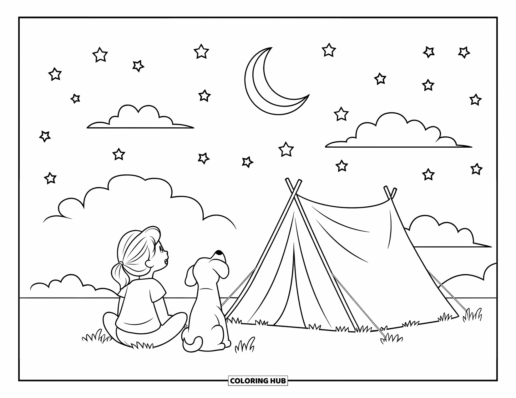 Desenho de Acampamento para Crianças: Uma campista e seu cachorro admiram o céu noturno cheio de estrelas e nuvens fofas