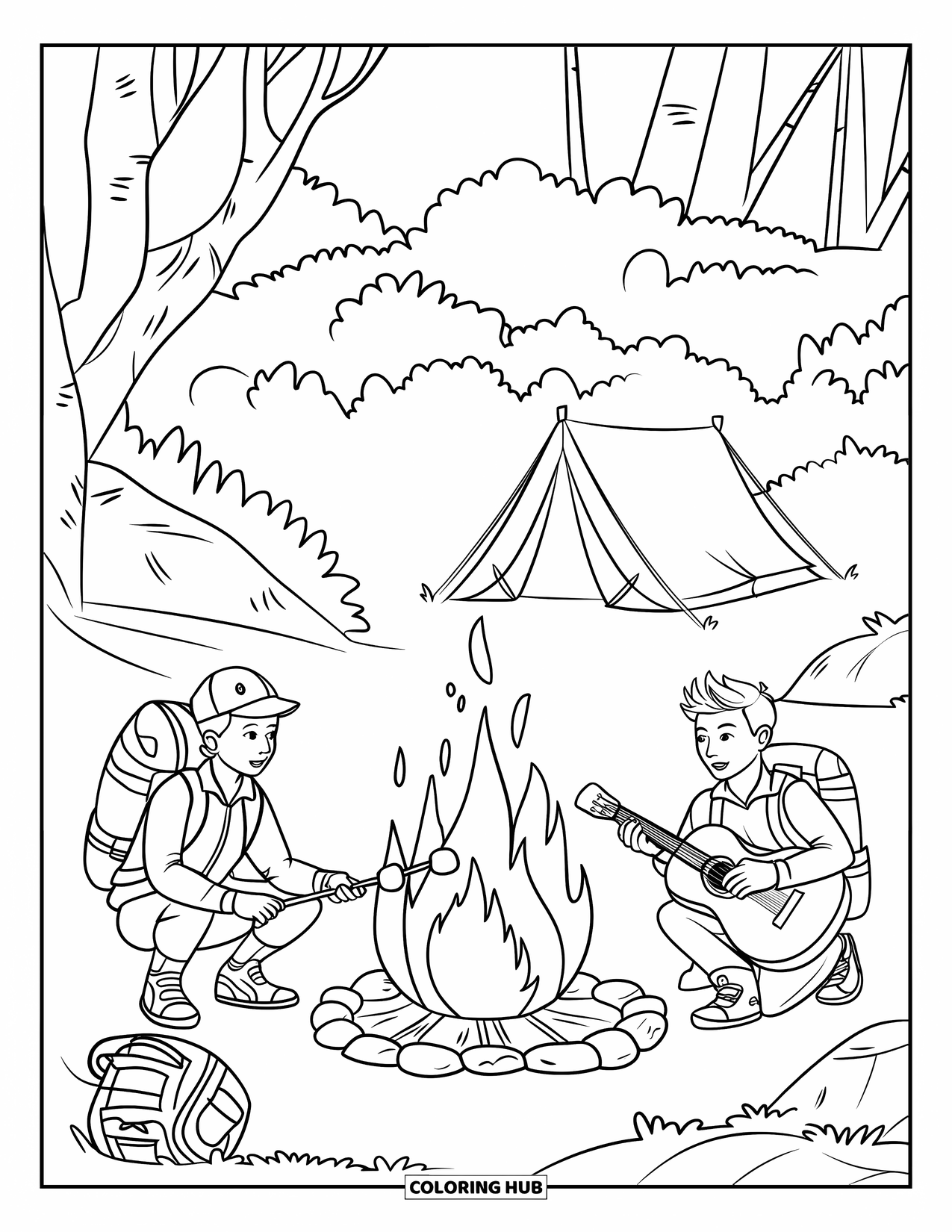 Desenho de Acampamento para Crianças: Uma cena de fogueira com uma barraca, mochila e dois aventureiros aproveitando a noite