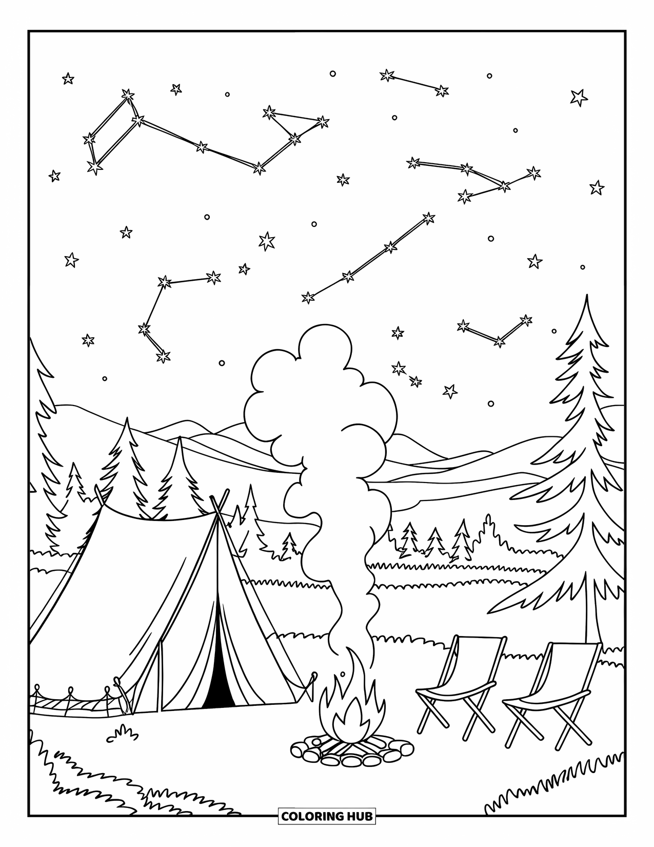 Desenho de Acampamento para Crianças: Um acampamento à noite com uma fogueira, barraca e um céu estrelado