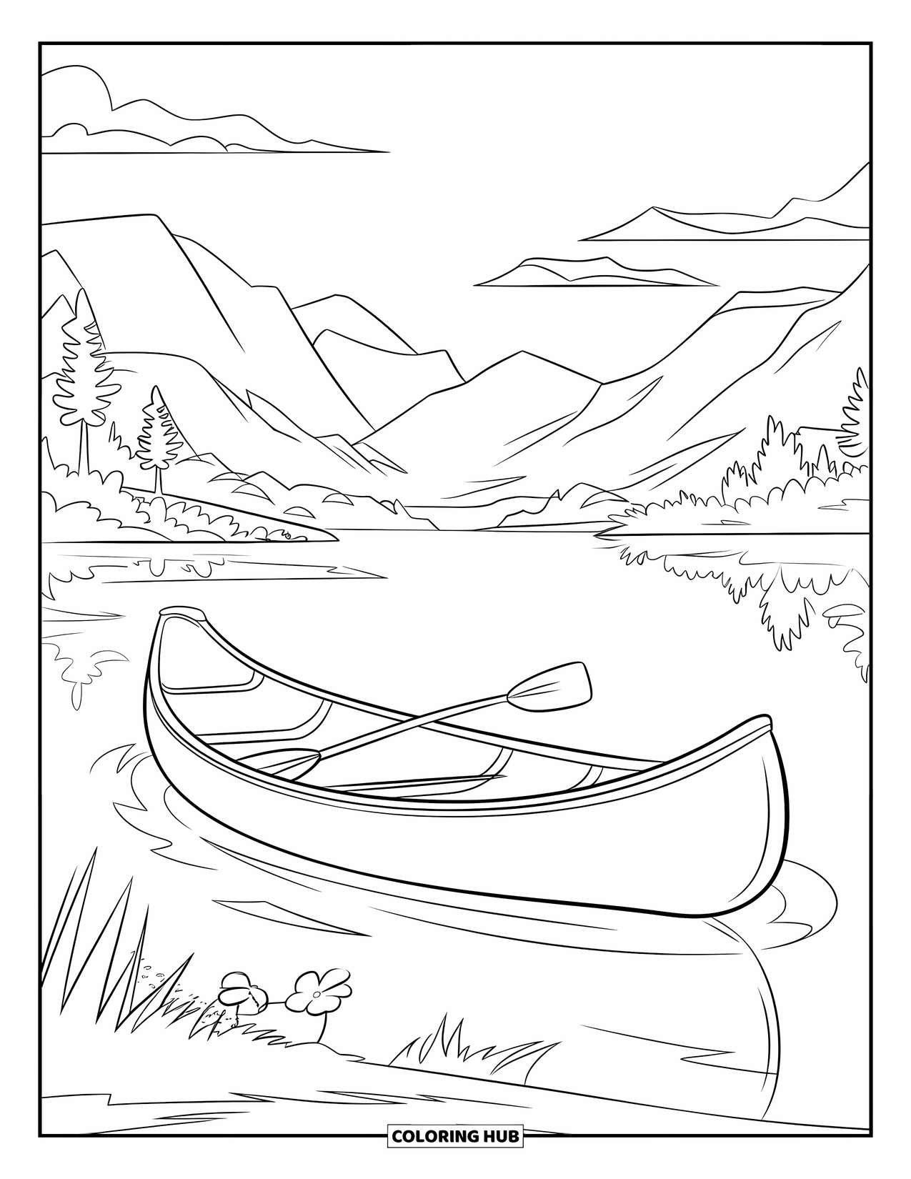 Desenho de Acampamento para Crianças: Uma canoa flutua em um lago calmo, com um único remo apoiado dentro