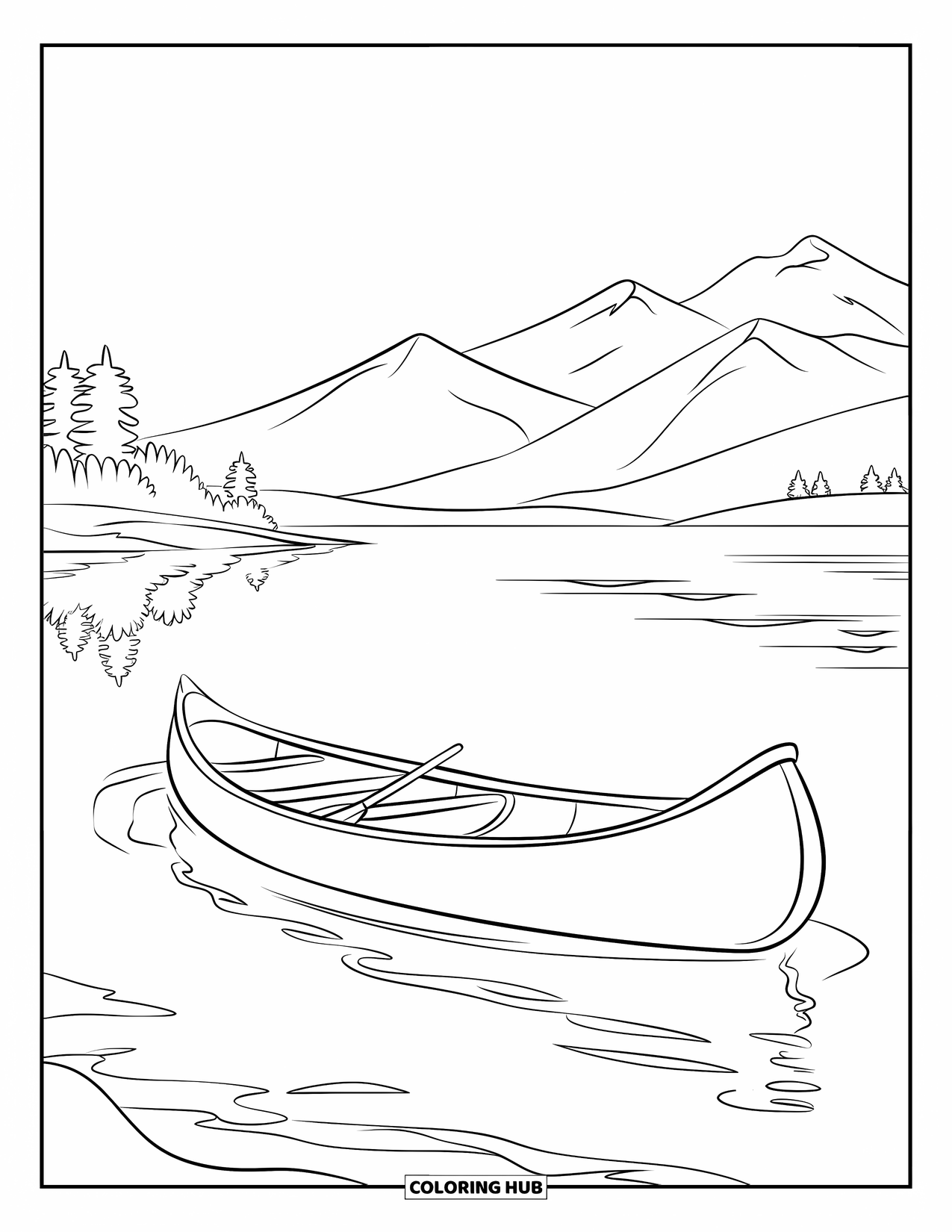 Desenho de Acampamento para Crianças: Uma canoa desliza por um lago tranquilo, com árvores alinhando a costa distante