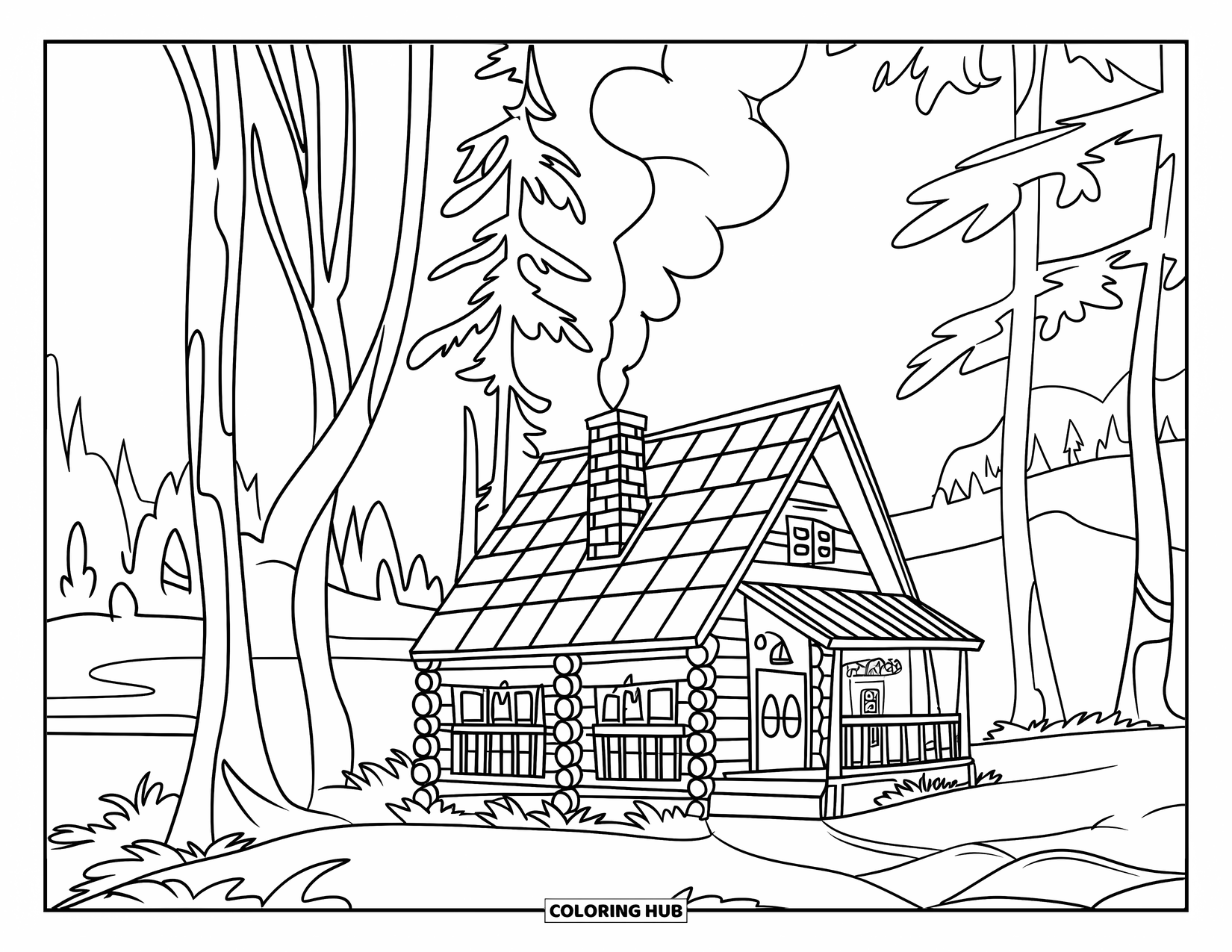 Desenho de Acampamento para Crianças: Uma charmosa cabana de madeira cercada por árvores altas, com vista para um lago tranquilo