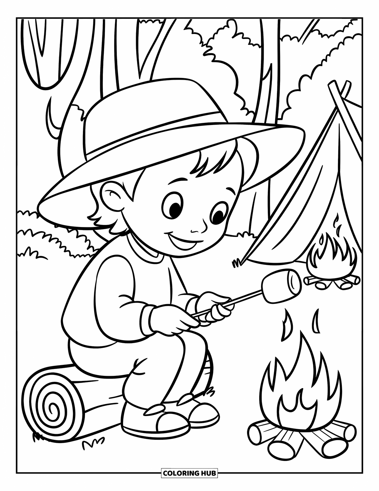 Desenho de Acampamento para Crianças: Uma criança com um chapéu de camping assando alegremente um marshmallow sobre uma fogueira