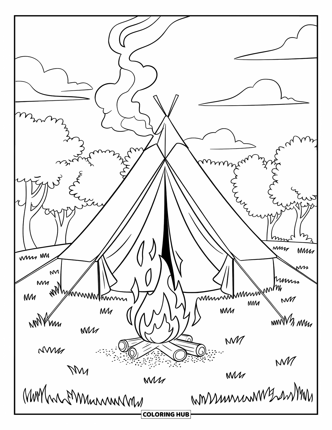 Desenho de Acampamento para Crianças: Uma barraca aconchegante com uma fogueira, fumaça subindo para o céu e montanhas ao fundo