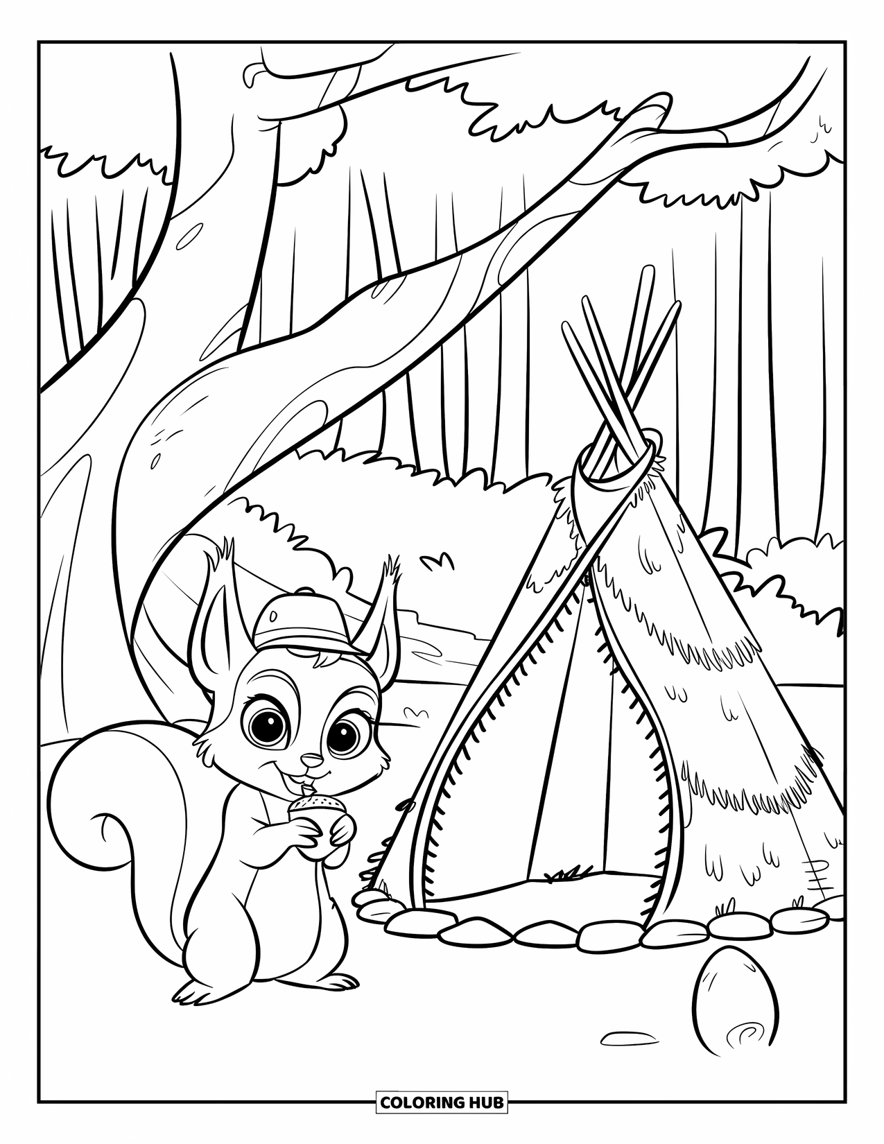 Desenho de Acampamento para Crianças: Um esquilo curioso de chapéu sentado perto de uma tenda, cercado por árvores altas