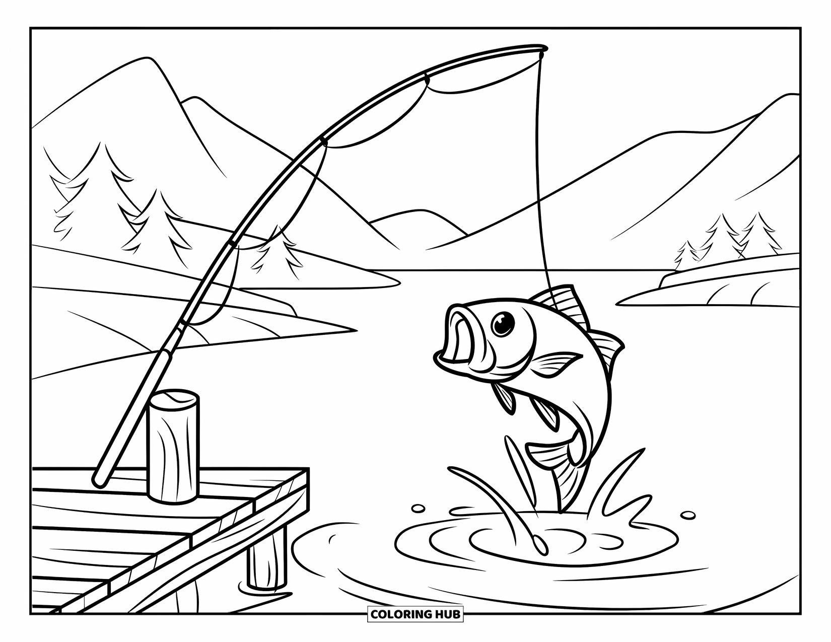 Desenho de Acampamento para Crianças: Uma vara de pesca apoiada em uma doca com um peixe pulando perto da beira da água