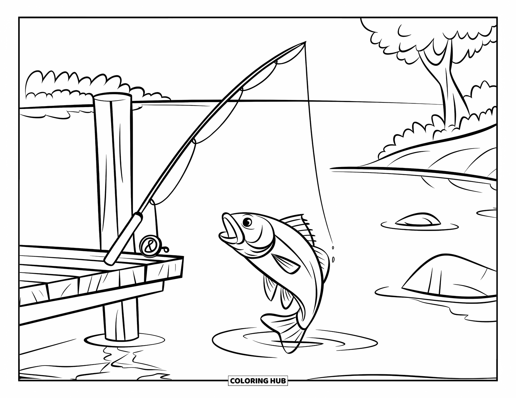 Desenho de Acampamento para Crianças: Uma vara de pesca com uma boia está em uma doca enquanto um peixe espirra por perto