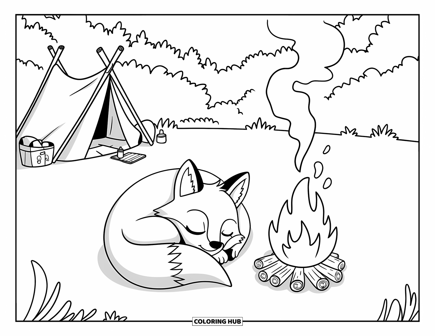 Desenho de Acampamento para Crianças: Uma raposa enrolada perto de um fogo quente em um acampamento aconchegante cercado por árvores