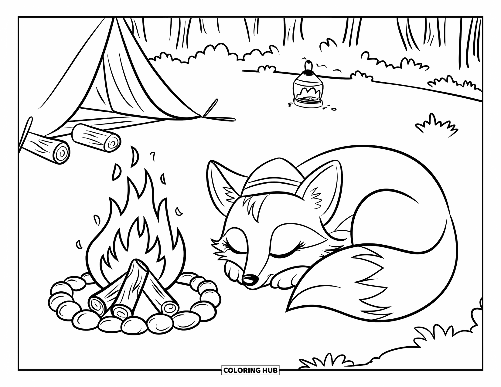 Desenho de Acampamento para Crianças: Uma raposa usando um chapéu minúsculo, cochilando perto de uma fogueira crepitante com brasas queimando