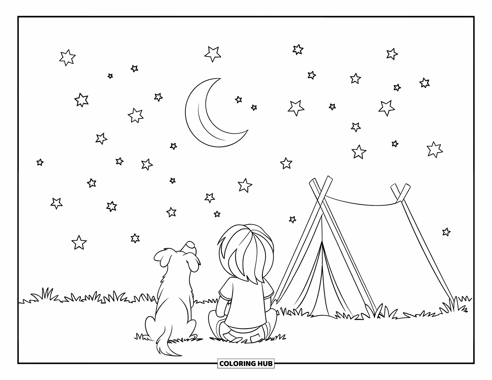 Desenho de Acampamento para Crianças: Uma menina e seu cachorro sentados perto de uma barraca, olhando para um céu estrelado e uma lua crescente