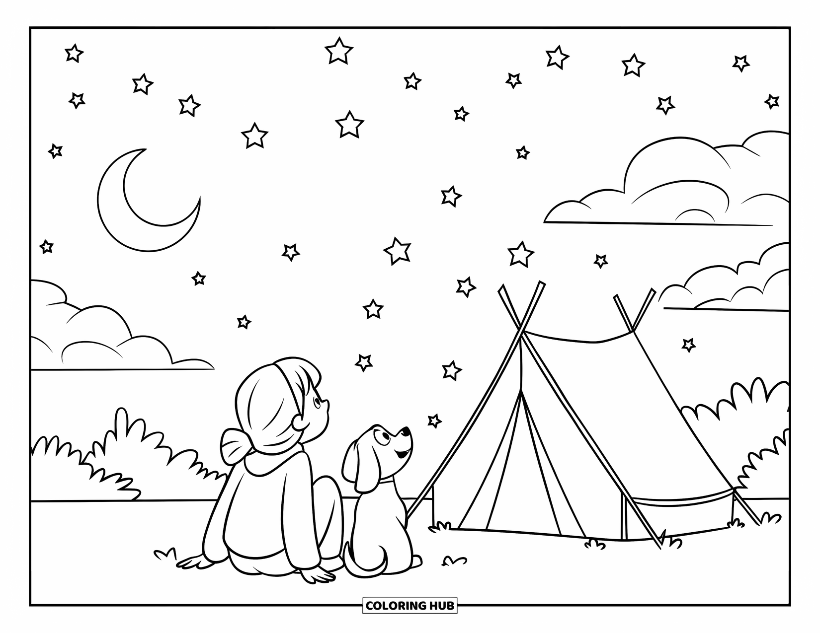 Desenho de Acampamento para Crianças: Uma menina campista e seu cachorro sentados perto de uma barraca, olhando para um céu estrelado
