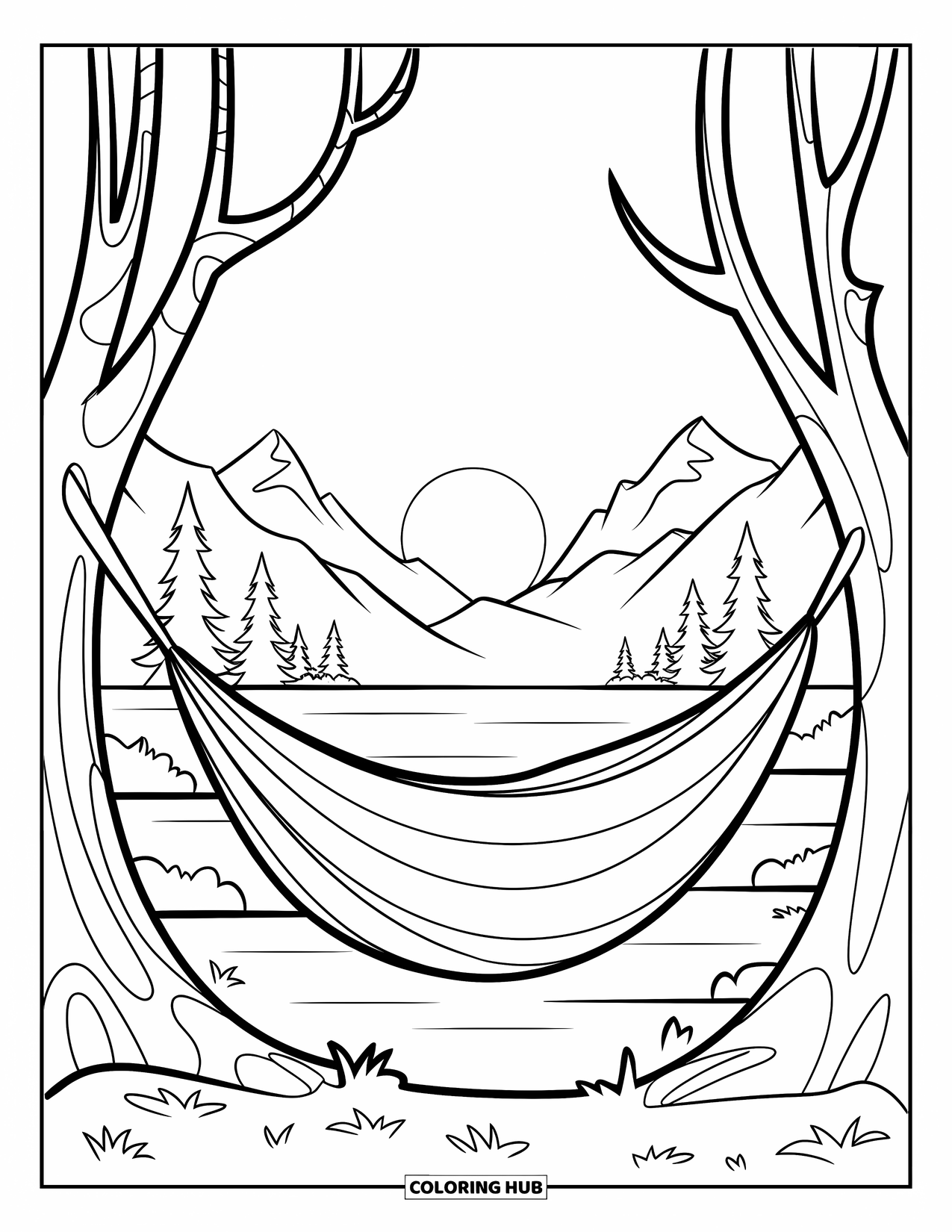 Desenho de Acampamento para Crianças: Uma rede pendurada perto de um lago com montanhas e um pôr do sol ao fundo