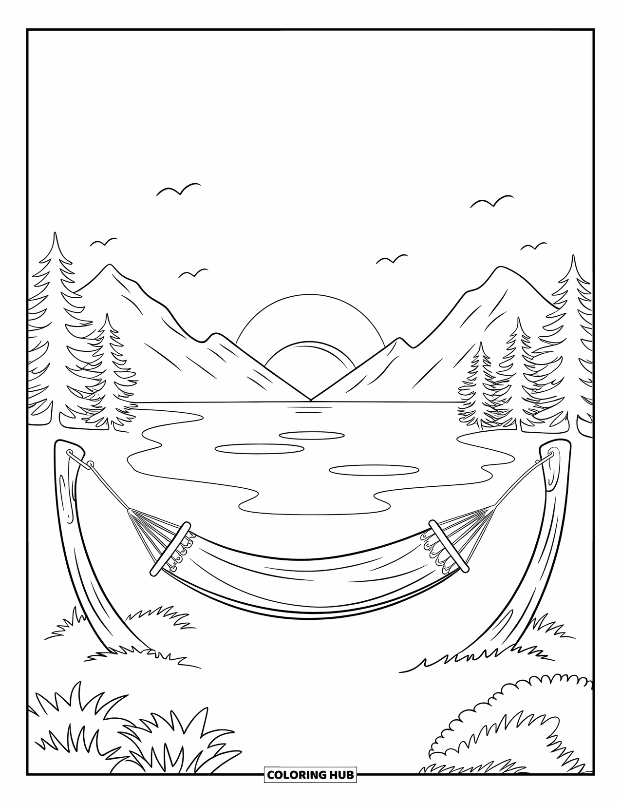 Desenho de Acampamento para Crianças: Uma rede balançando entre árvores enquanto o sol se põe sobre montanhas distantes