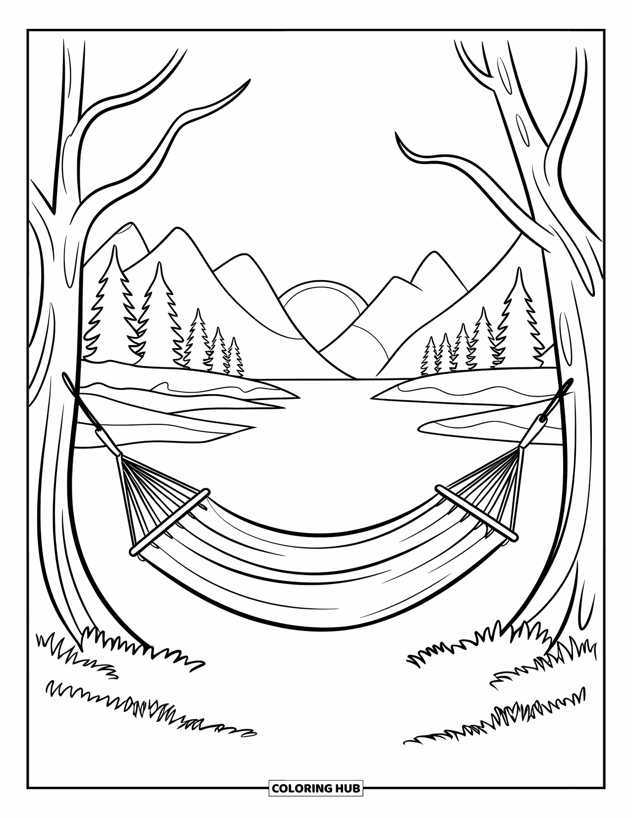 Desenho de Acampamento para Crianças: Uma rede amarrada entre duas árvores, com vista para um lago e uma floresta de pinheiros