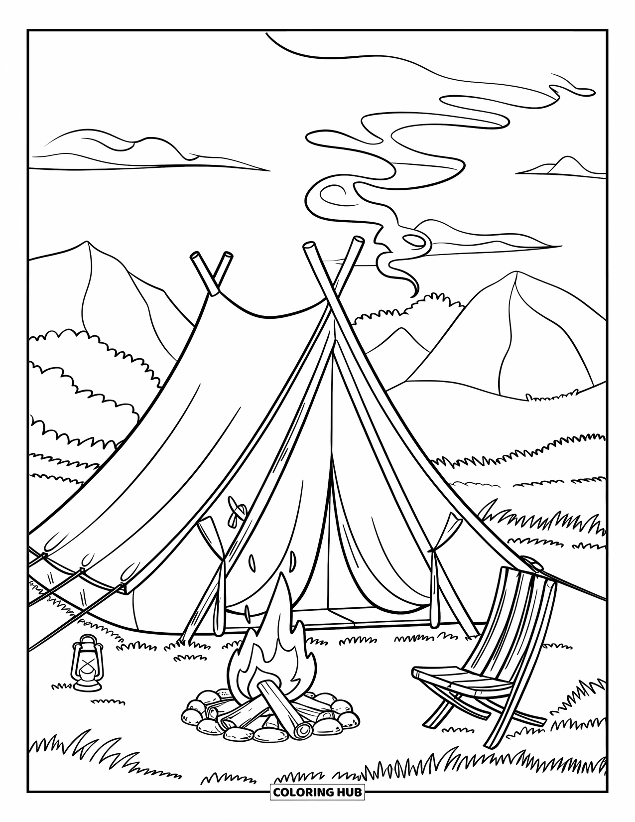 Desenho de Acampamento para Crianças: Uma grande barraca em um campo gramado, com uma fogueira brilhando na frente