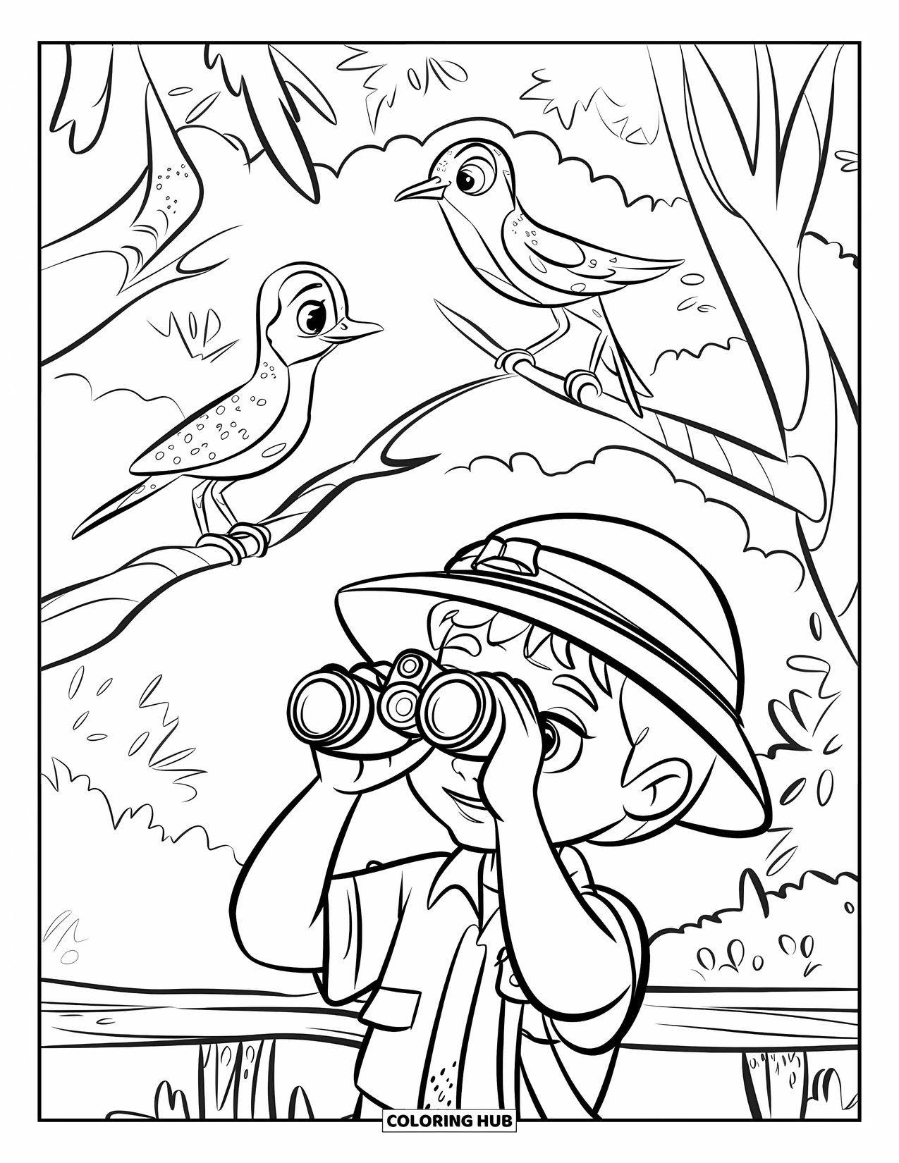 Desenho de Acampamento para Crianças: Um pequeno explorador de chapéu observando pássaros com binóculos de uma plataforma de madeira