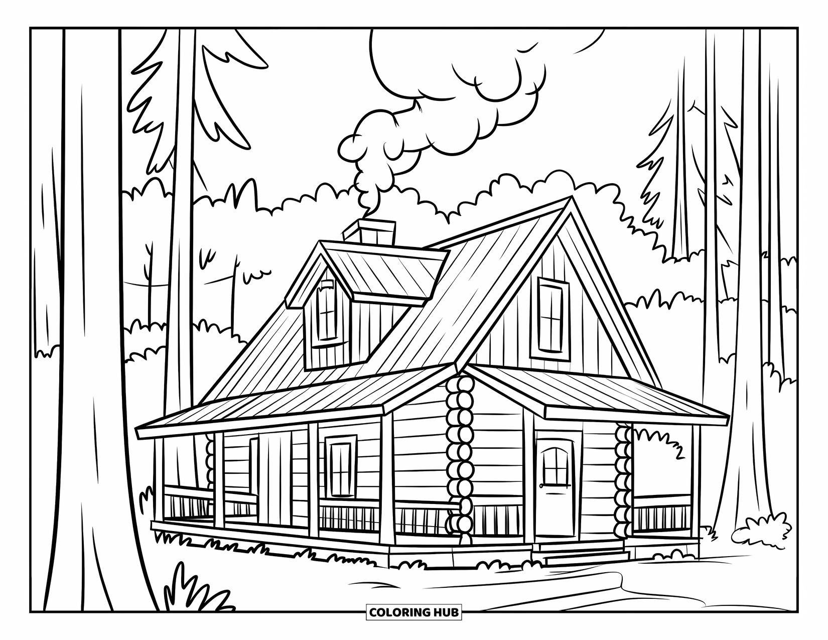 Desenho de Acampamento para Crianças: Uma cabana de madeira com uma varanda, em meio a árvores com fumaça saindo da chaminé