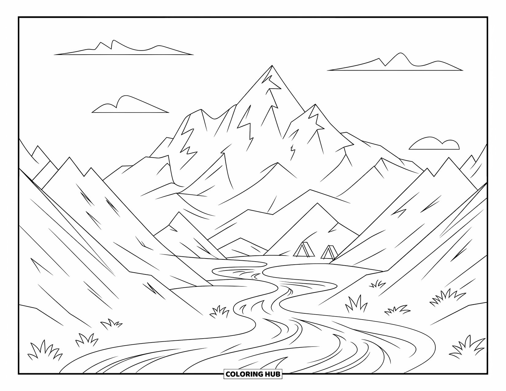 Desenho de Acampamento para Crianças: Uma cordilheira com um rio sinuoso e duas pequenas barracas ao longe
