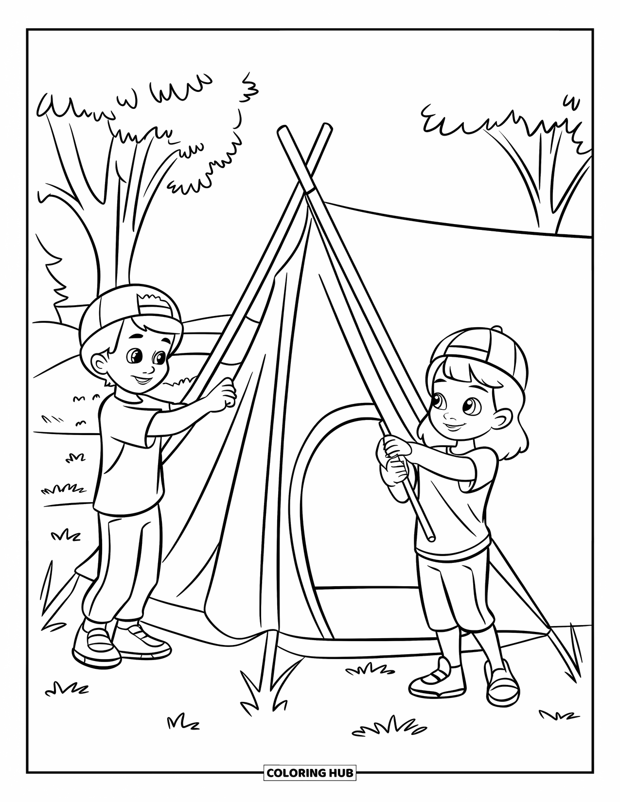 Desenho de Acampamento para Crianças: Um par de crianças montando uma barraca em um acampamento, cercado por árvores