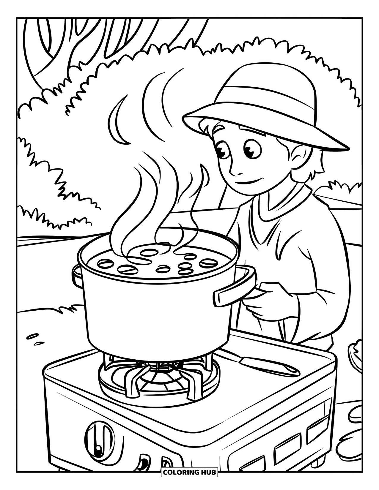 Desenho de Acampamento para Crianças: Uma pessoa de avental mexendo uma panela fumegante sobre um fogão na floresta