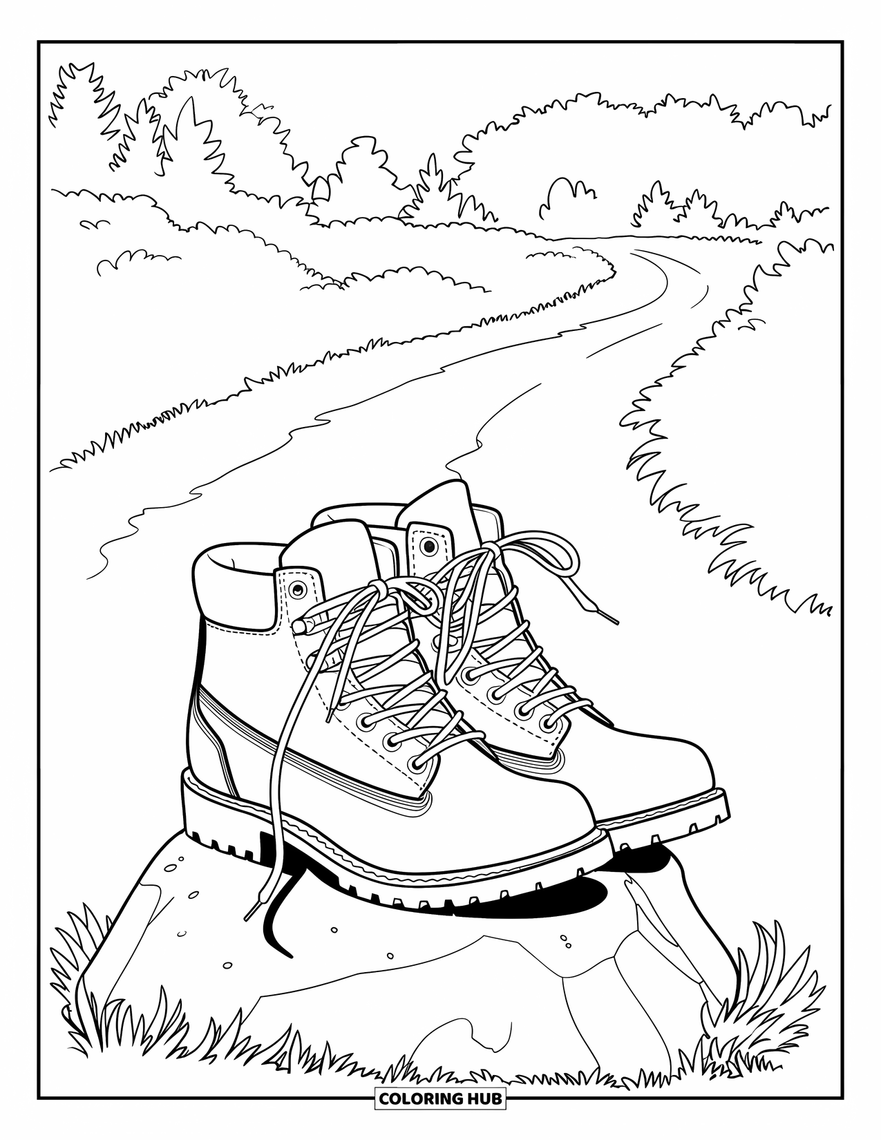 Desenho de Acampamento para Crianças: Um par de botas robustas descansando sobre uma rocha, com uma trilha sinuosa nas proximidades