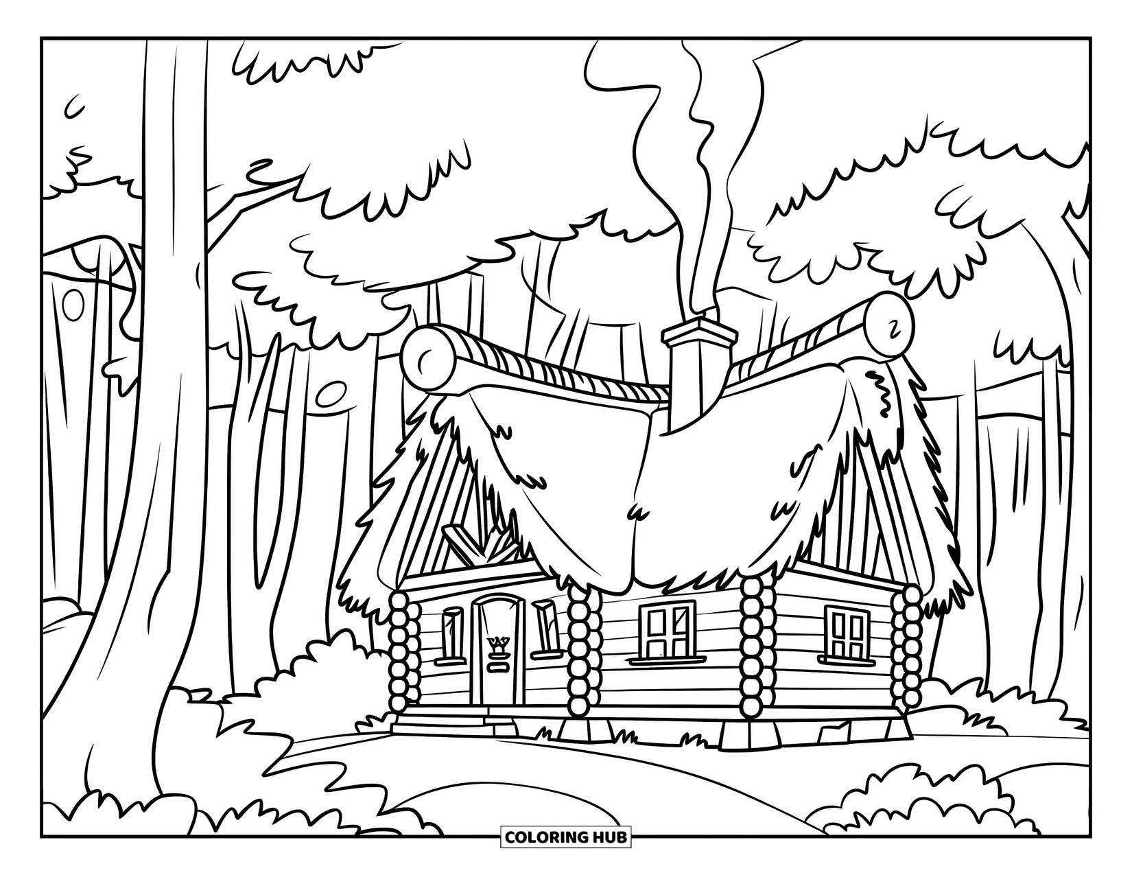 Desenho de Acampamento para Crianças: Uma cabana rústica com um telhado de palha, aninhada em uma floresta densa