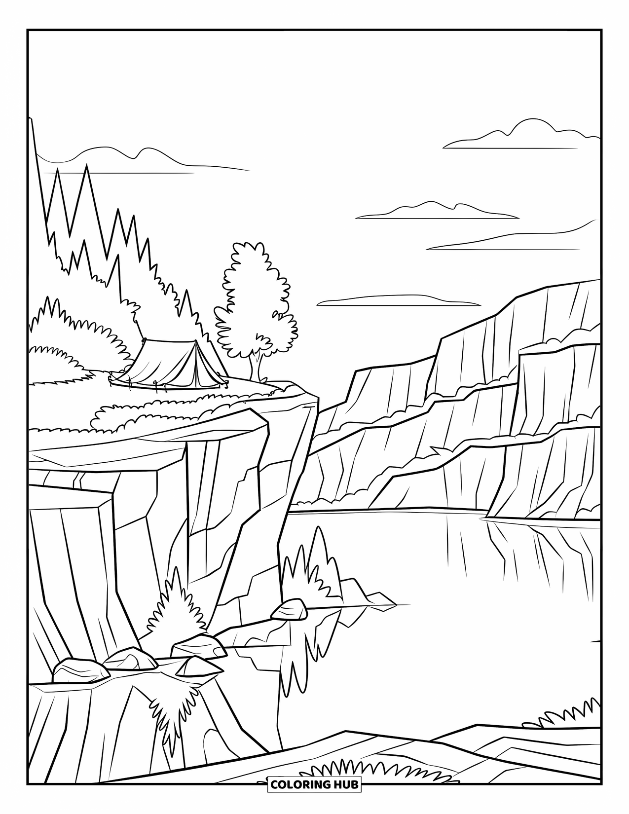 Desenho de Acampamento para Crianças: Um acampamento cênico em uma falésia com uma barraca, pedregulhos e uma árvore próxima