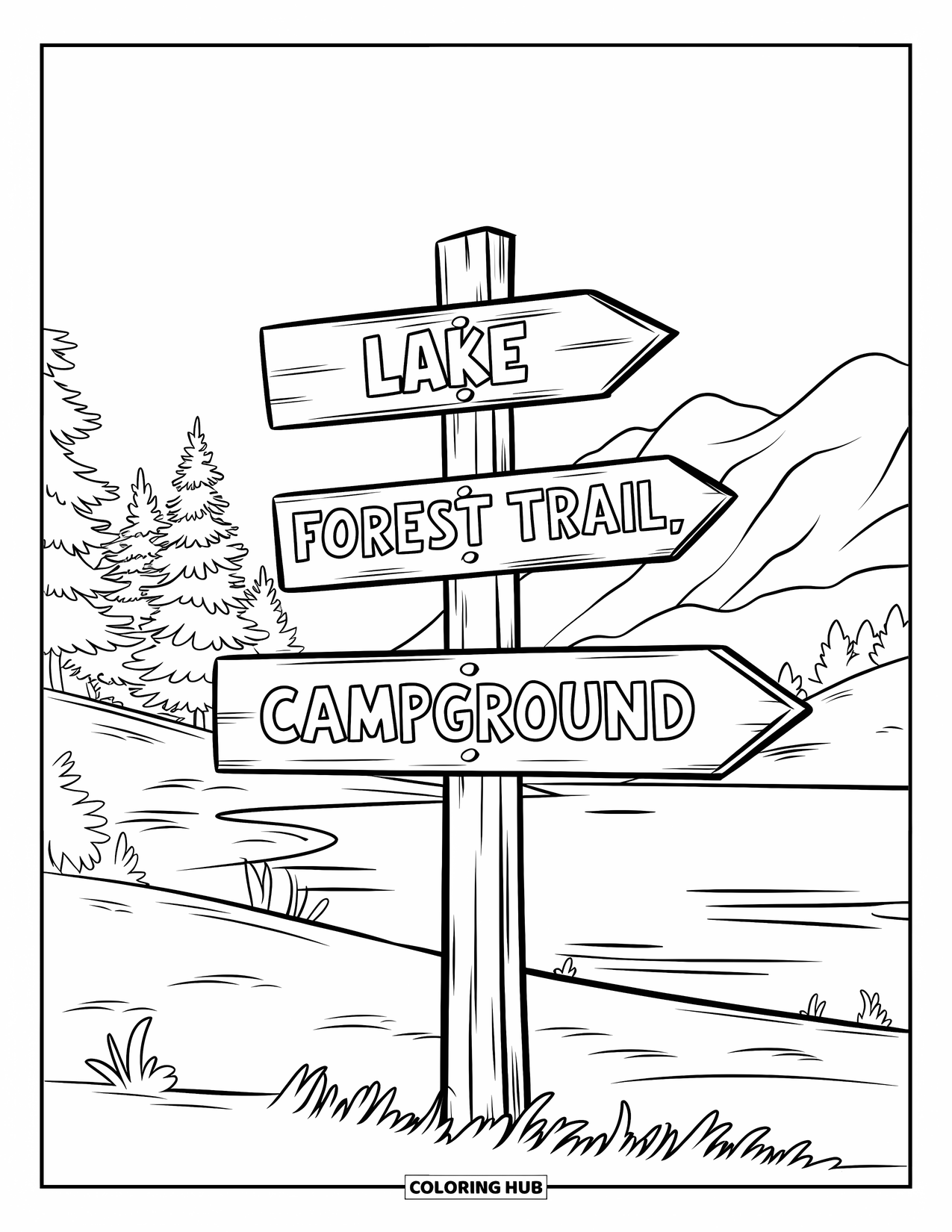 Desenho de Acampamento para Crianças: Uma placa com três setas direcionando os campistas para pontos naturais próximos