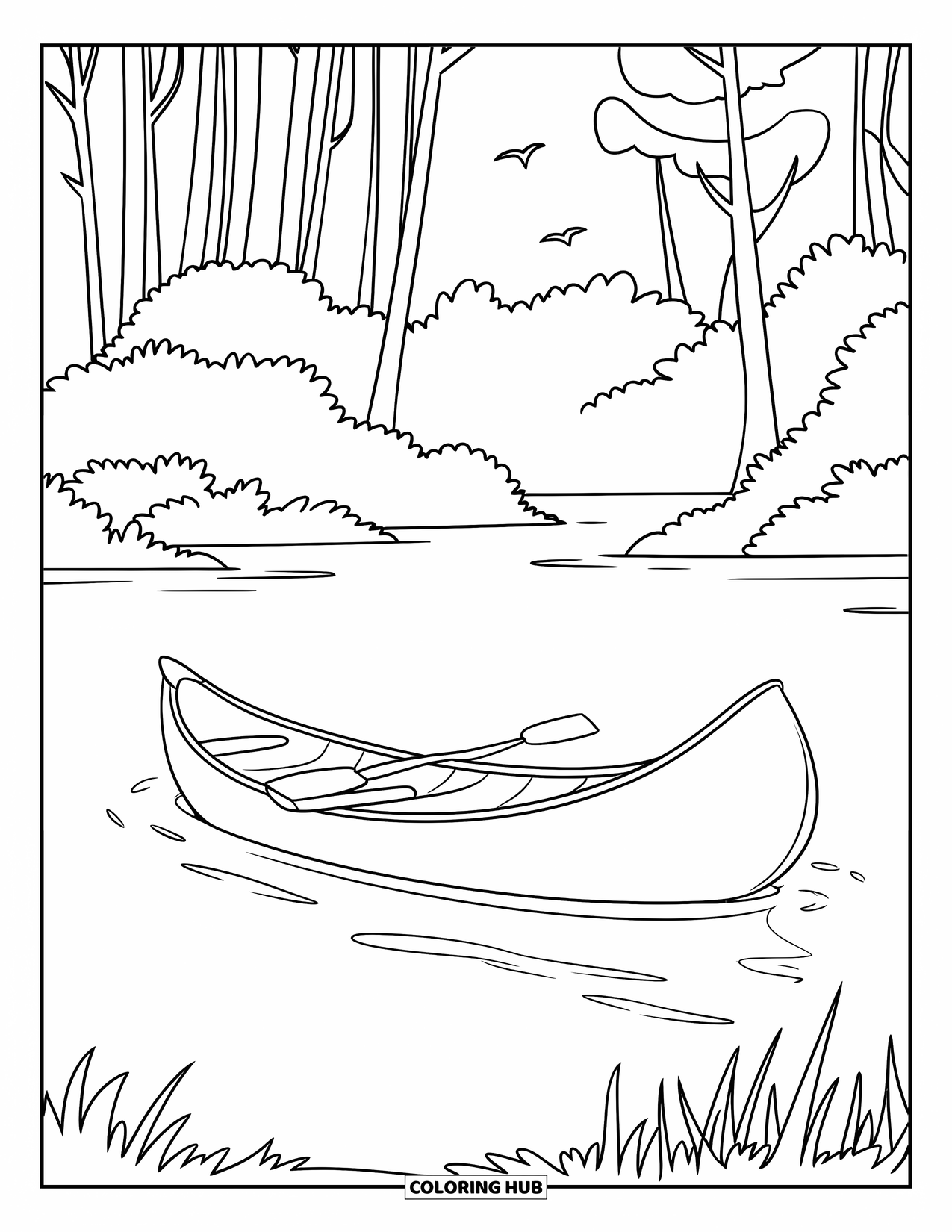 Desenho de Acampamento para Crianças: Uma canoa simples flutua em um lago, emoldurada por árvores altas e pássaros acima