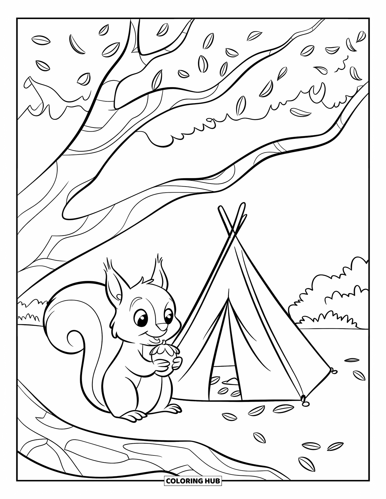 Desenho de Acampamento para Crianças: Um pequeno esquilo com um chapéu segura uma bolota ao lado de uma tenda em um campo gramado