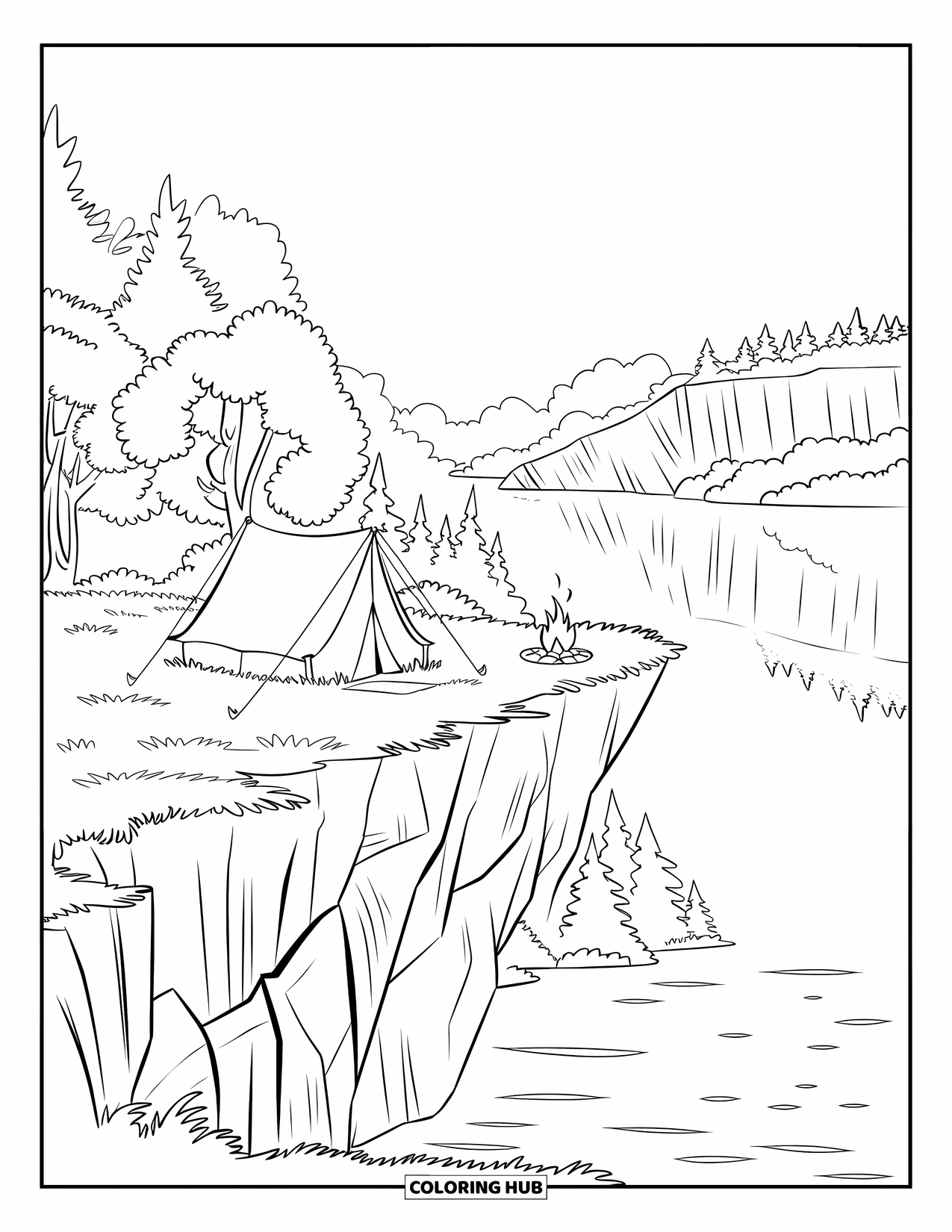 Desenho de Acampamento para Crianças: Uma pequena barraca empoleirada em uma encosta rochosa, com vista para um lago calmo