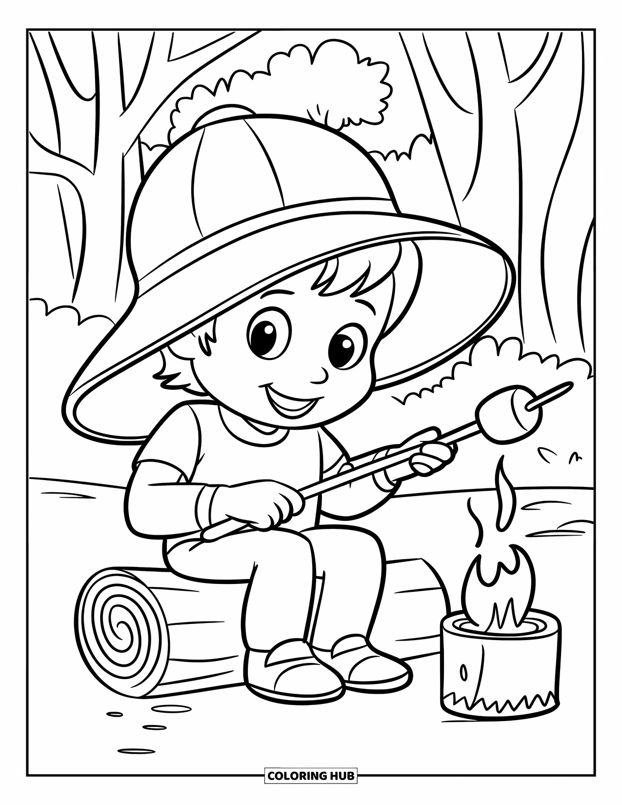 Desenho de Acampamento para Crianças: Uma criança sorridente assa um marshmallow, com uma barraca e árvores ao fundo