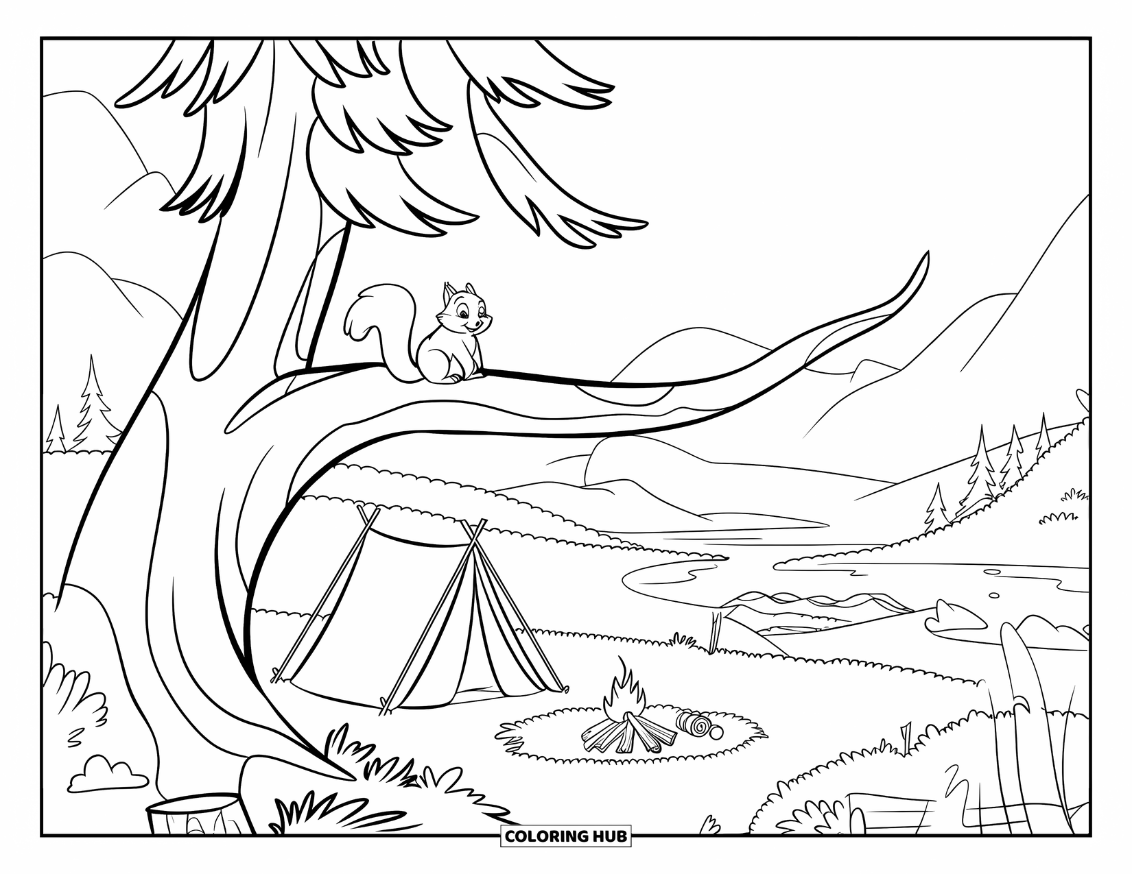 Desenho de Acampamento para Crianças: Um esquilo em um galho de pinheiro olhando para um acampamento perto de montanhas