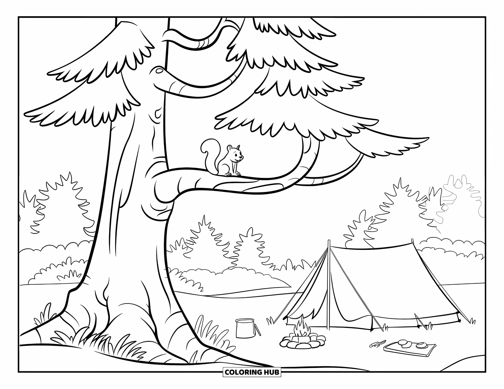 Desenho de Acampamento para Crianças: Um esquilo empoleirado em uma árvore, com vista para uma barraca, fogueira e equipamento de camping
