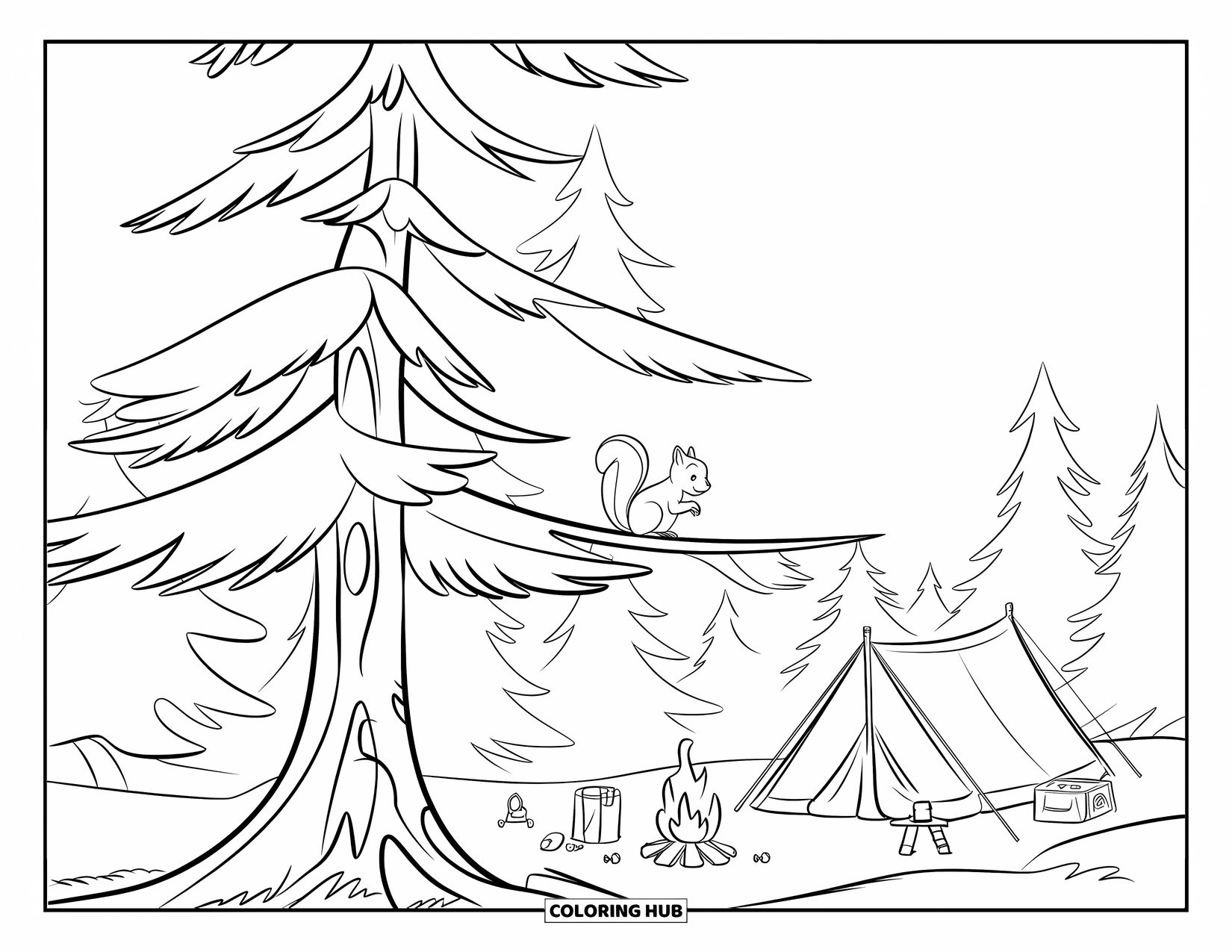 Desenho de Acampamento para Crianças: Um esquilo sentado em um galho de árvore, observando um acampamento abaixo com uma barraca e fogo