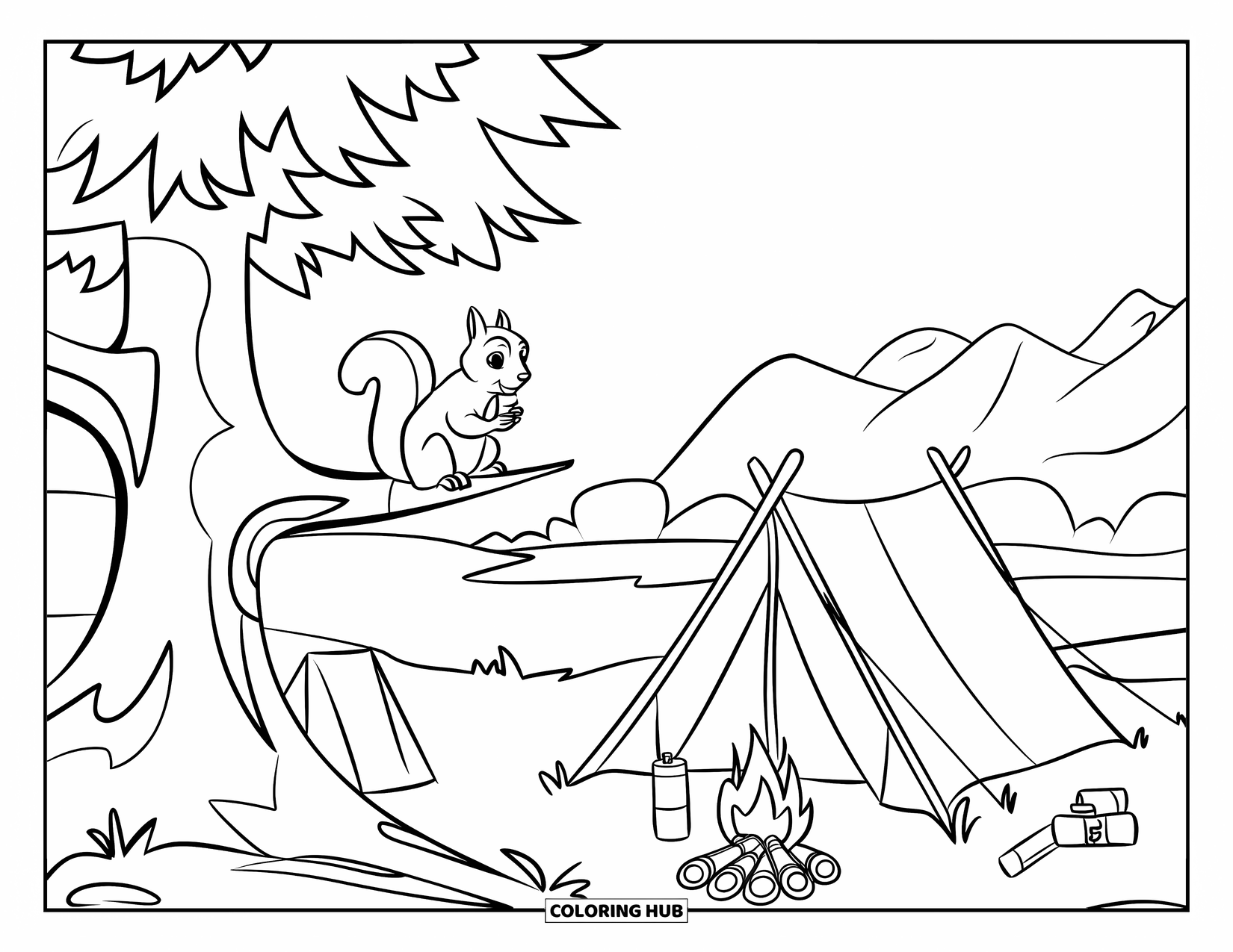 Desenho de Acampamento para Crianças: Um esquilo observando um acampamento de uma árvore alta, com montanhas e um rio além