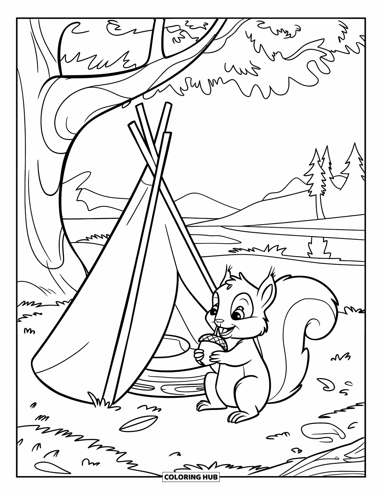 Desenho de Acampamento para Crianças: Um esquilo com uma bolota sentado perto de uma pequena tenda sob uma árvore grande
