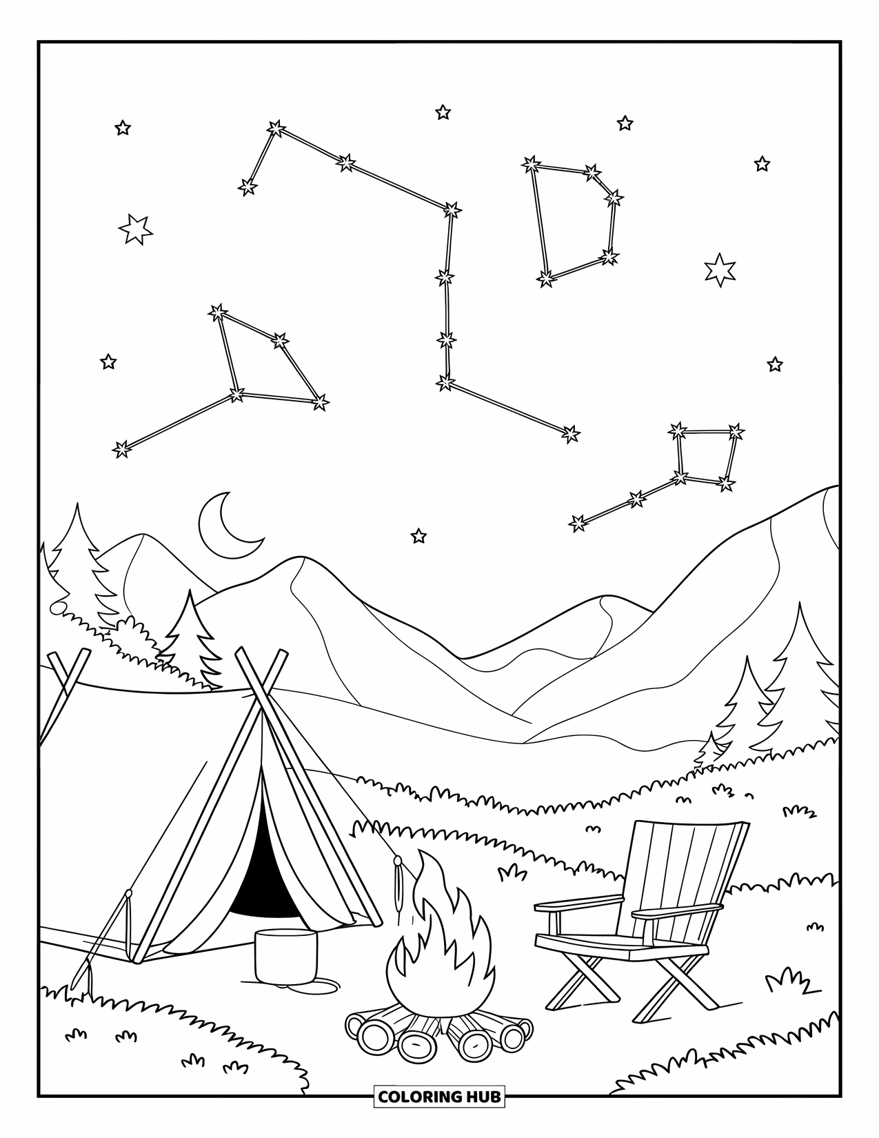 Desenho de Acampamento para Crianças: Um céu noturno estrelado com constelações acima de um acampamento tranquilo com uma barraca