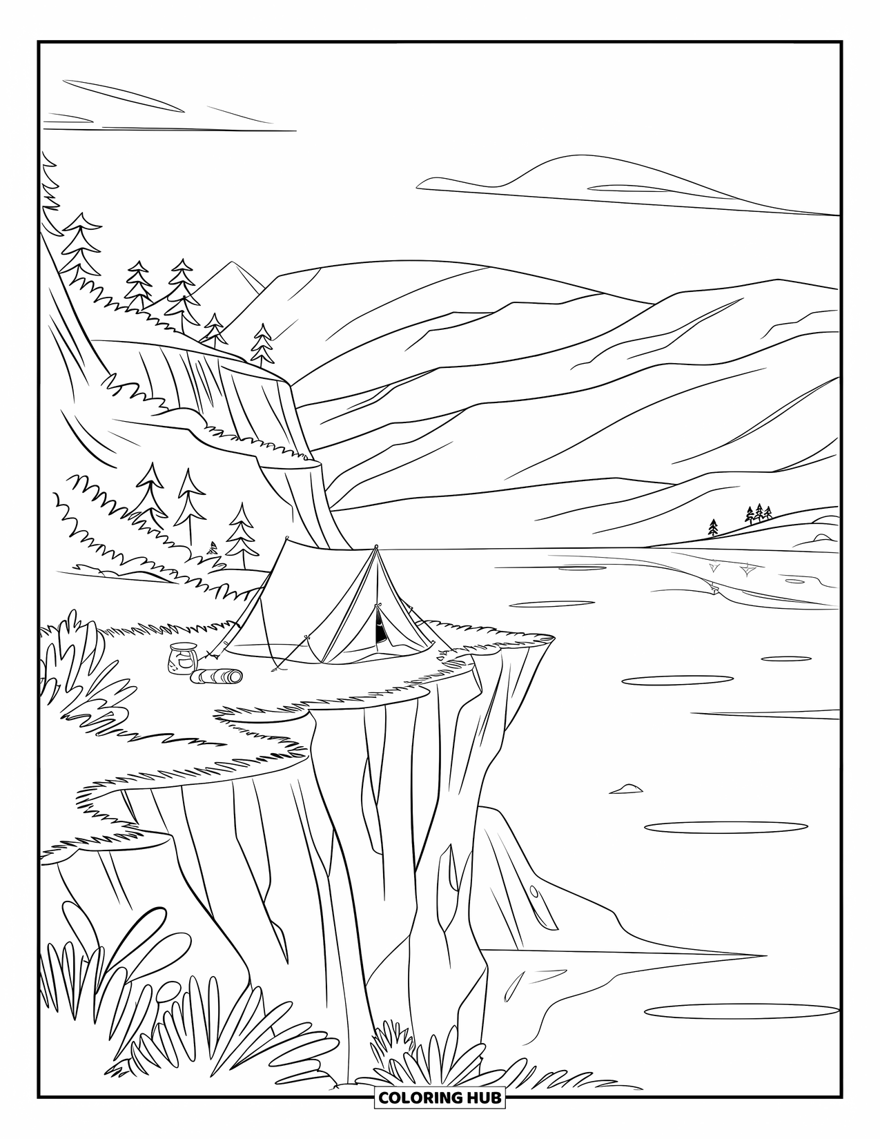 Desenho de Acampamento para Crianças: Uma barraca montada em uma encosta rochosa, com vista para um lago calmo e montanhas