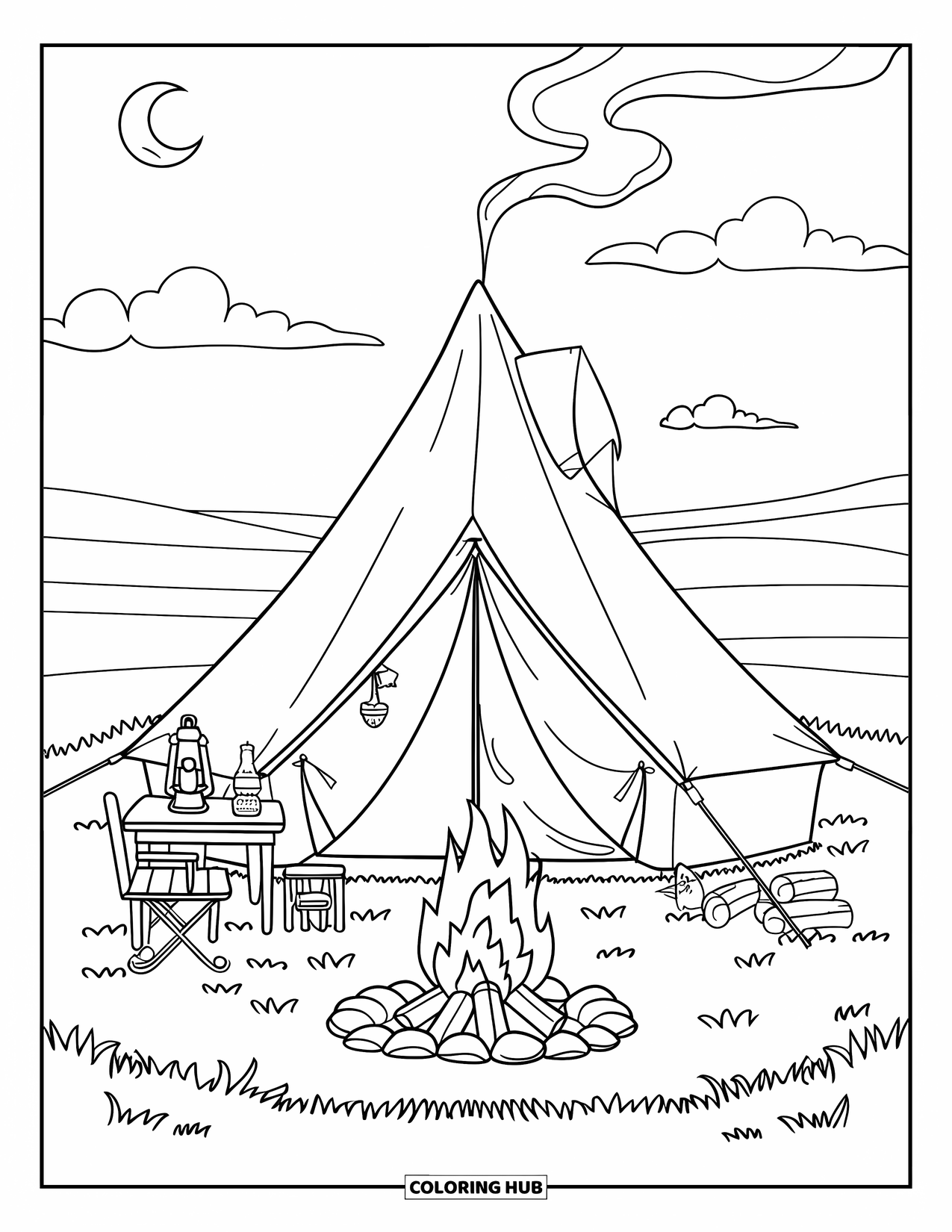 Desenho de Acampamento para Crianças: Uma barraca com uma fogueira e uma cadeira de madeira, em uma clareira tranquila