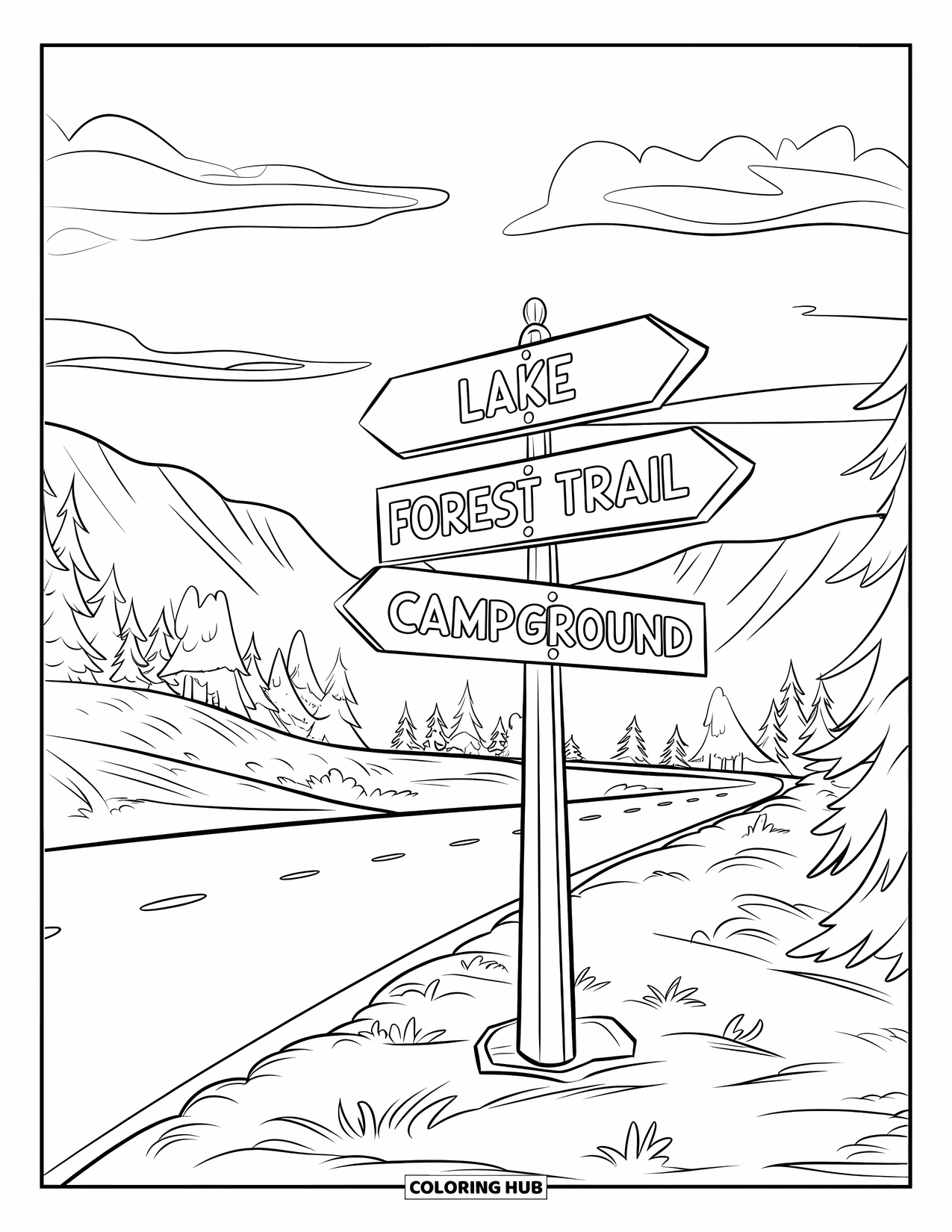 Desenho de Acampamento para Crianças: Uma placa desgastada marcando caminhos para um lago, uma trilha na floresta e uma área de camping