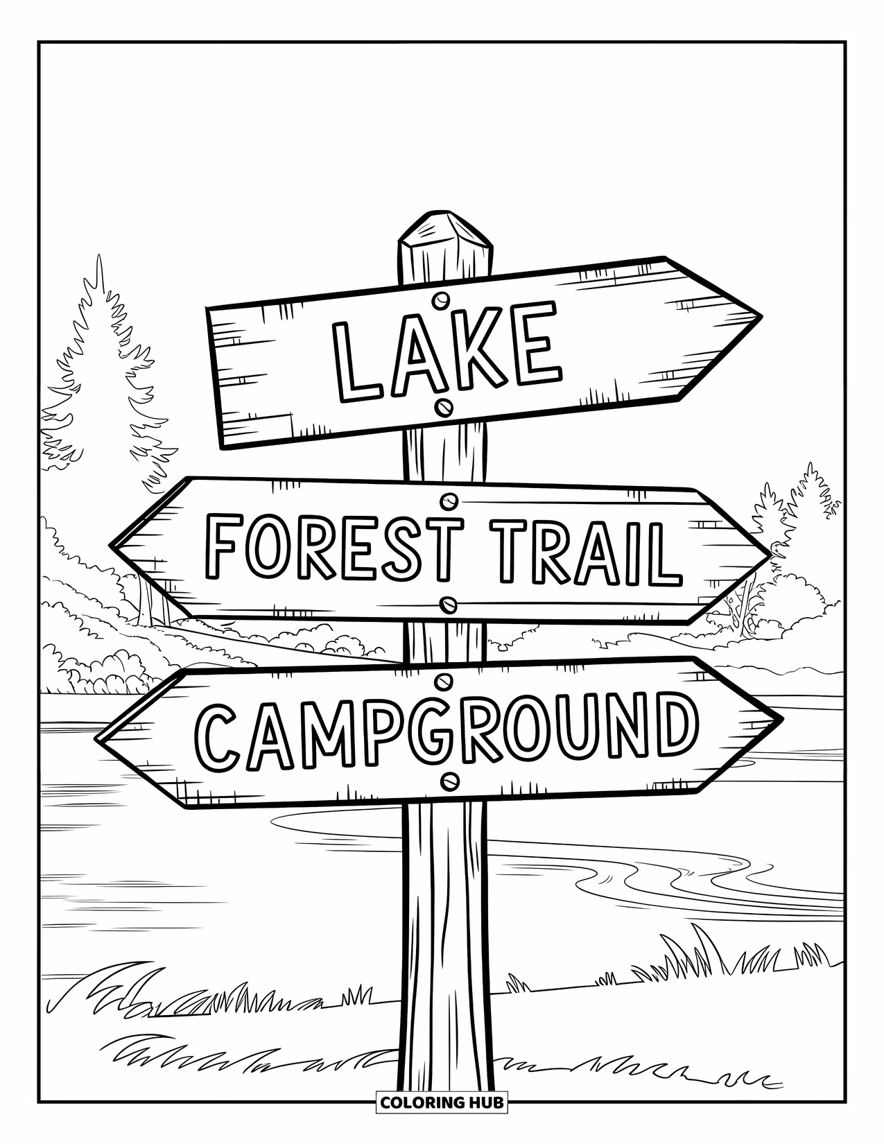 Desenho de Acampamento para Crianças: Uma placa de madeira com setas apontando para o lago, trilha na floresta e área de camping