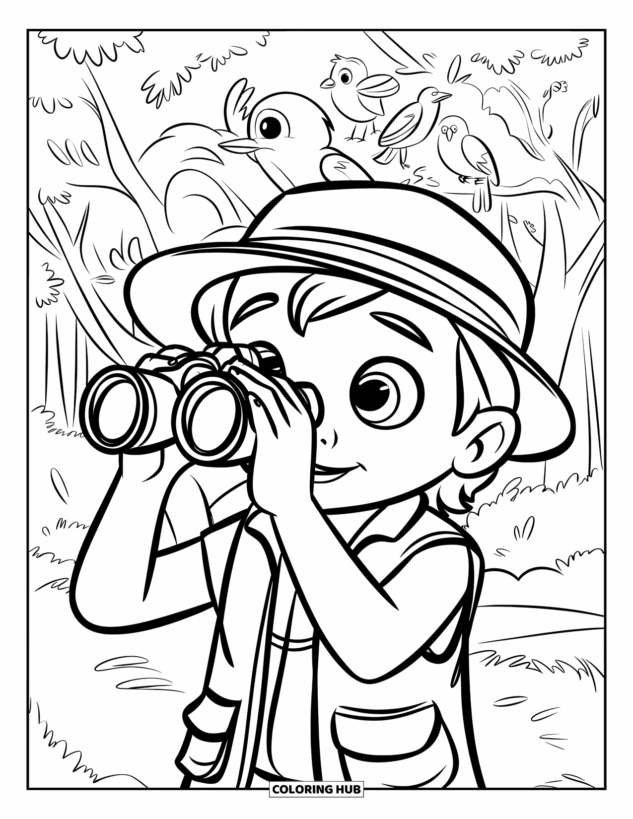Desenho de Acampamento para Crianças: Um jovem explorador usando binóculos para observar pássaros empoleirados nas árvores