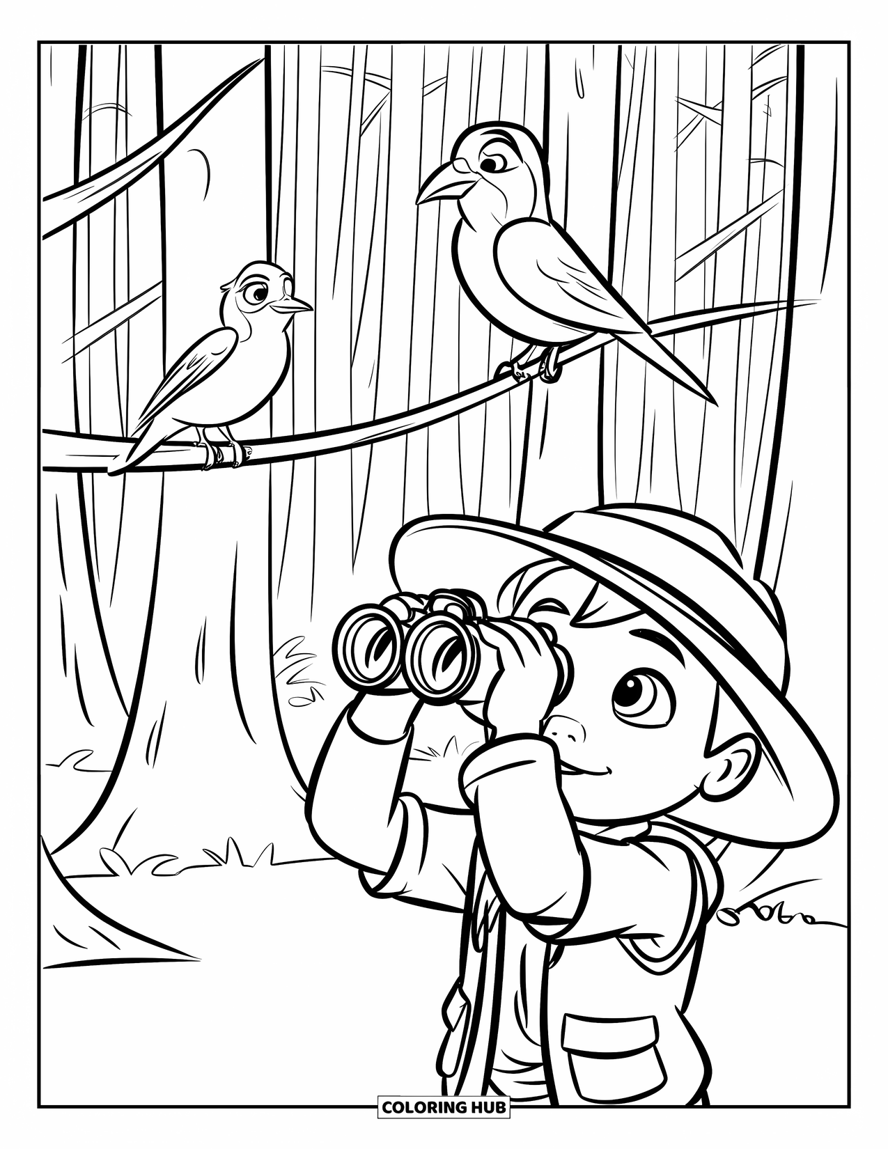 Desenho de Acampamento para Crianças: Um explorador examinando a densa floresta em busca de pássaros, em meio a árvores altas