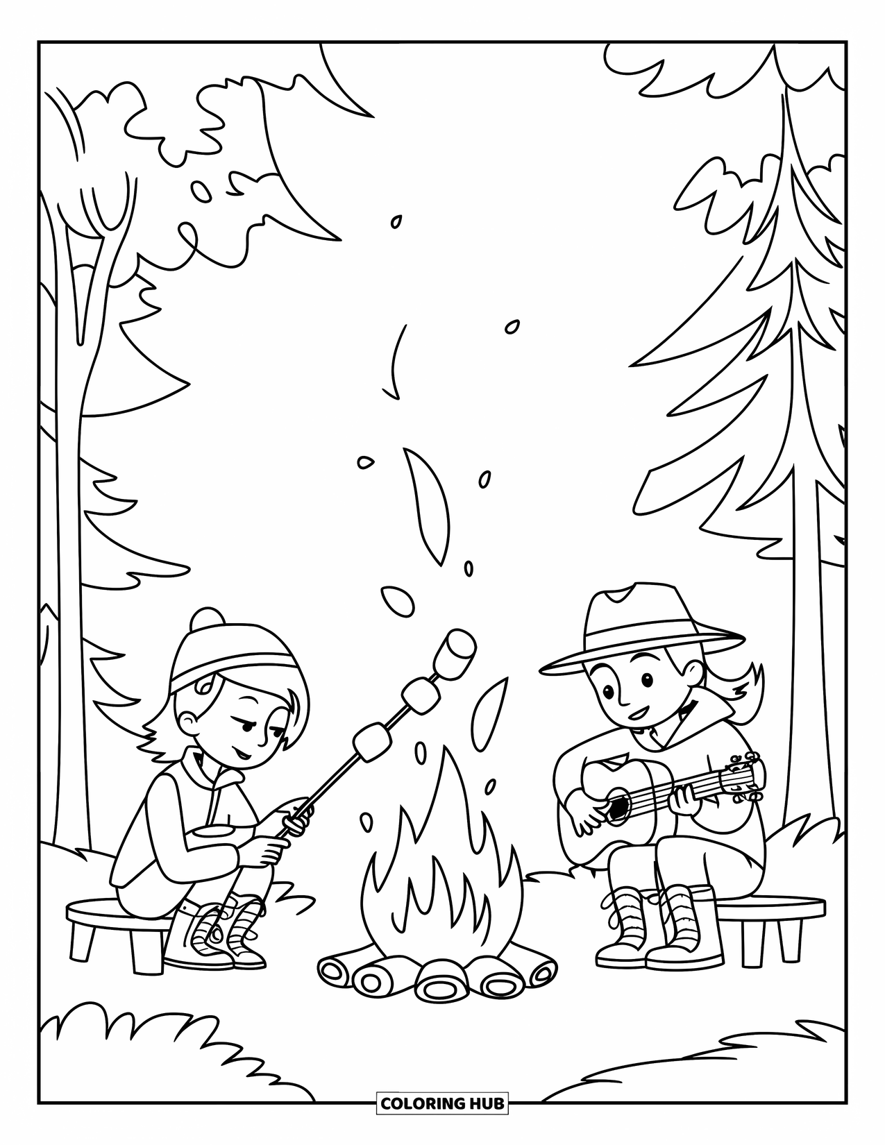 Desenho de Acampamento para Crianças: Amigos reunidos em volta de uma fogueira, assando marshmallows e tocando música