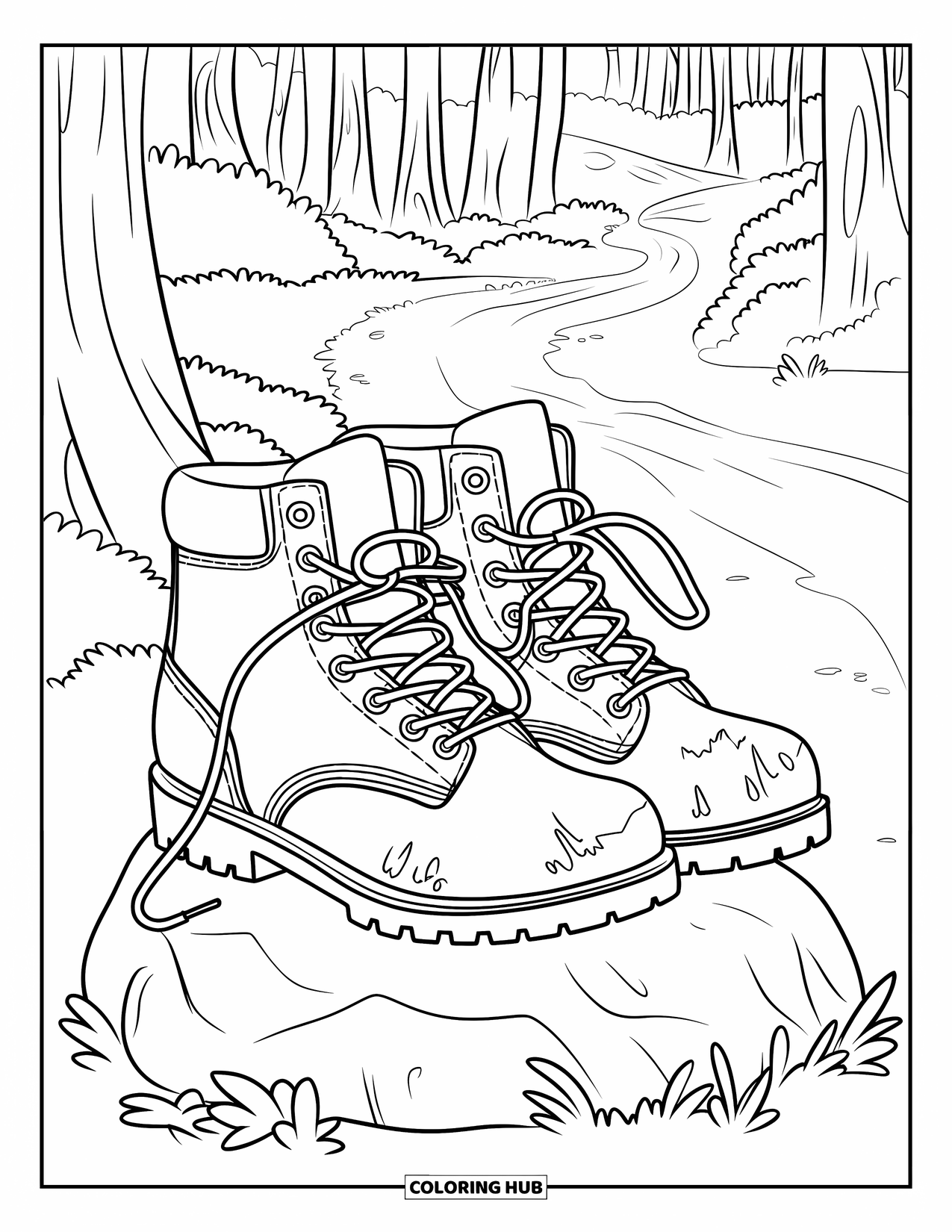 Desenho de Acampamento para Crianças: Botas de caminhada com cadarços enrolados, colocadas sobre uma rocha coberta de musgo ao longo de uma trilha natural