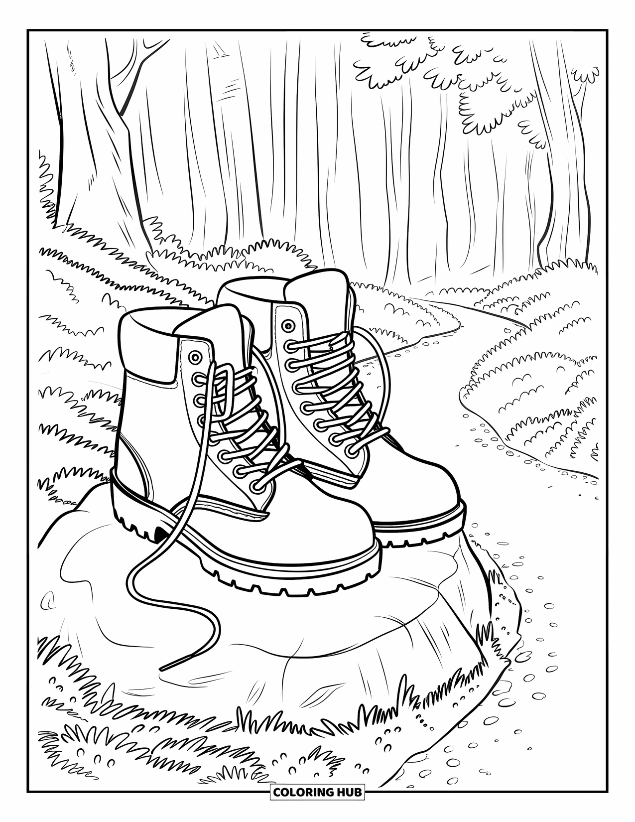 Desenho de Acampamento para Crianças: Botas de caminhada desgastadas sentadas em uma rocha, com vista para um caminho de terra arborizado